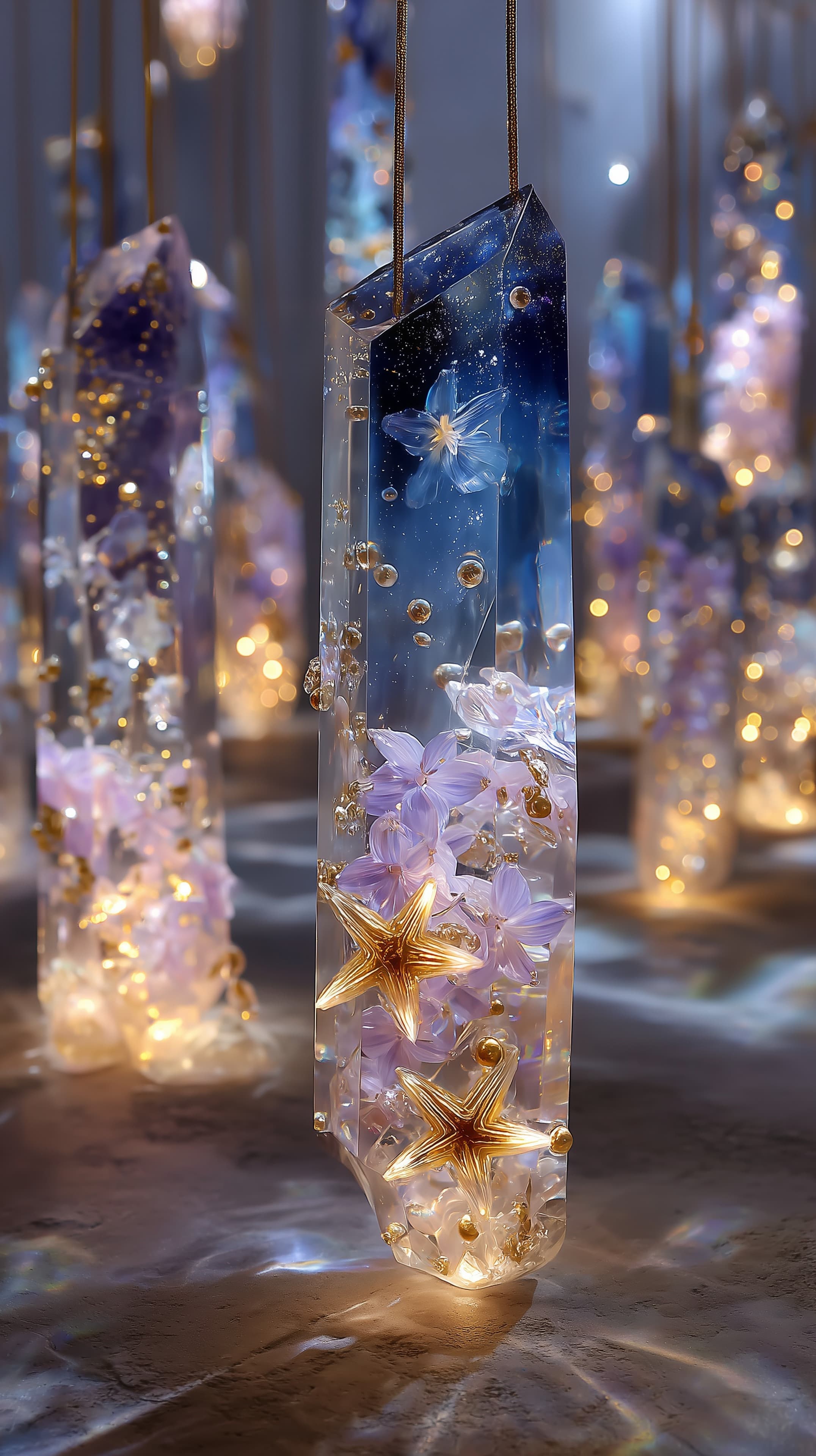 Dreamy Crystal Lanterns with Floating Flowers and Golden Stars - High Resolution ambient-light Wallpaper for Mobile and Desktop