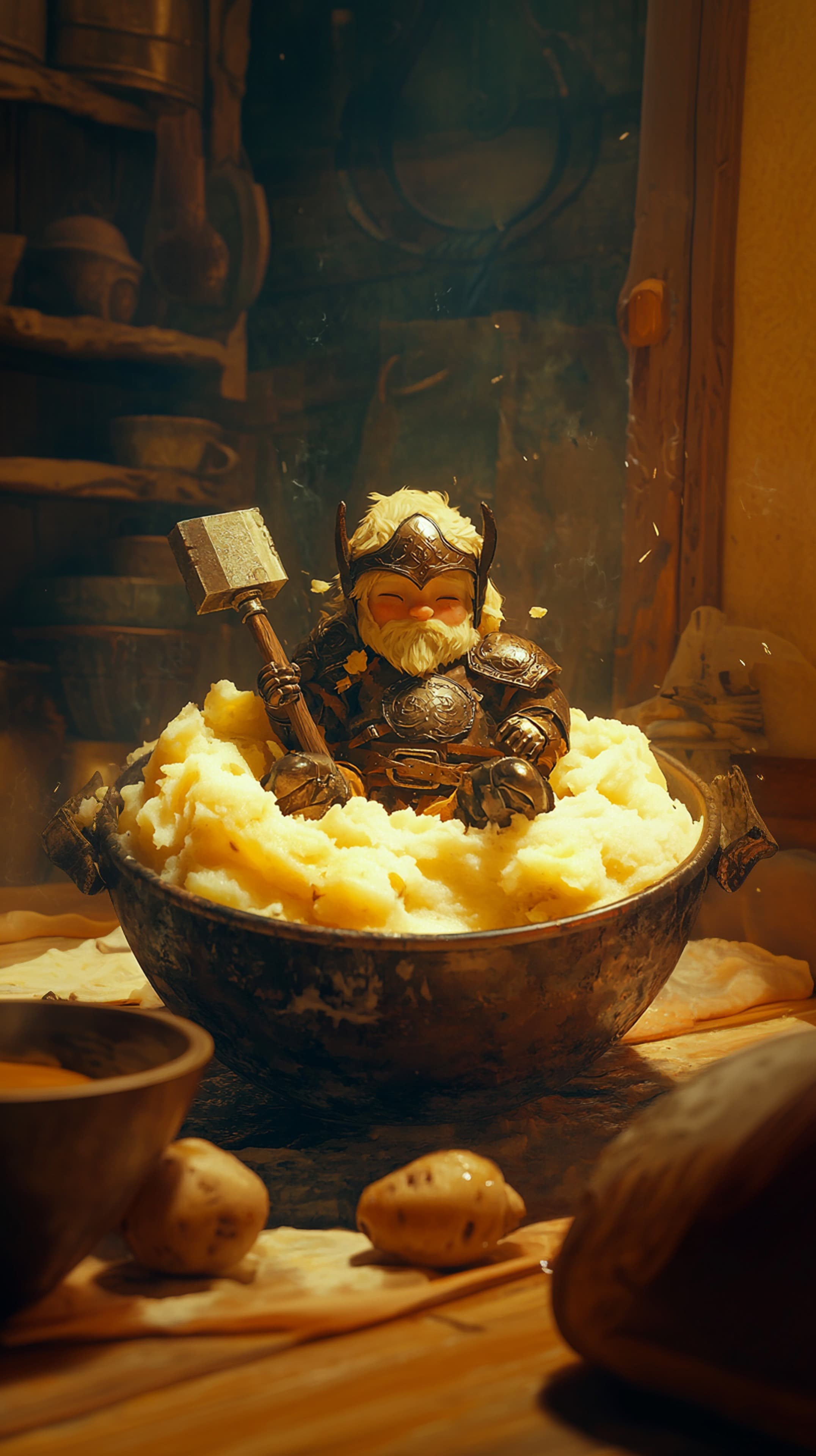 Whimsical Armored Dwarf Figurine in Rustic Kitchen Scene - High Resolution dwarf Wallpaper for Mobile and Desktop