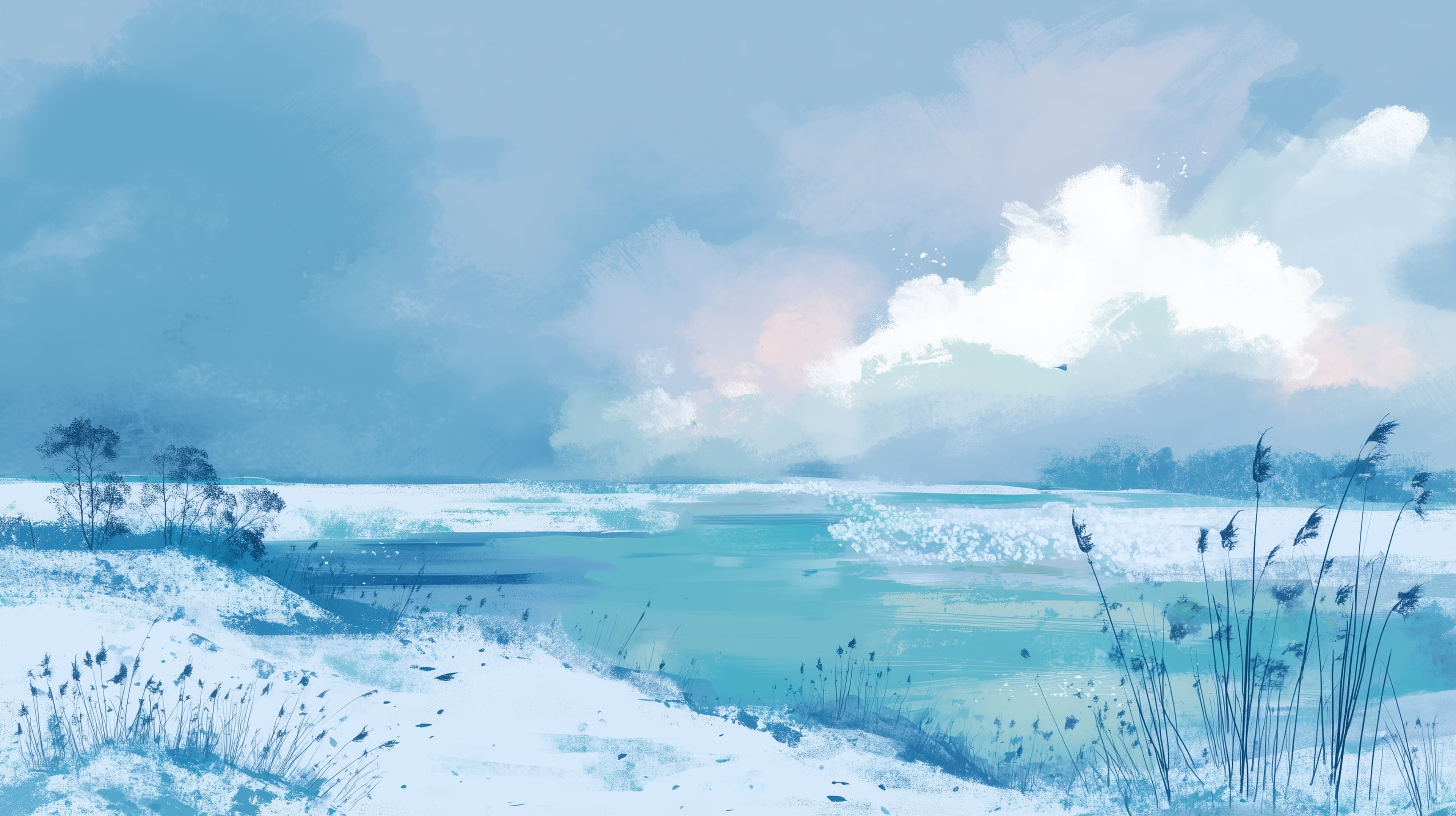 Serene Blue Winter Landscape: Soft Watercolor Sky & Lake Wallpaper - High Resolution blue-tones Wallpaper for Mobile and Desktop