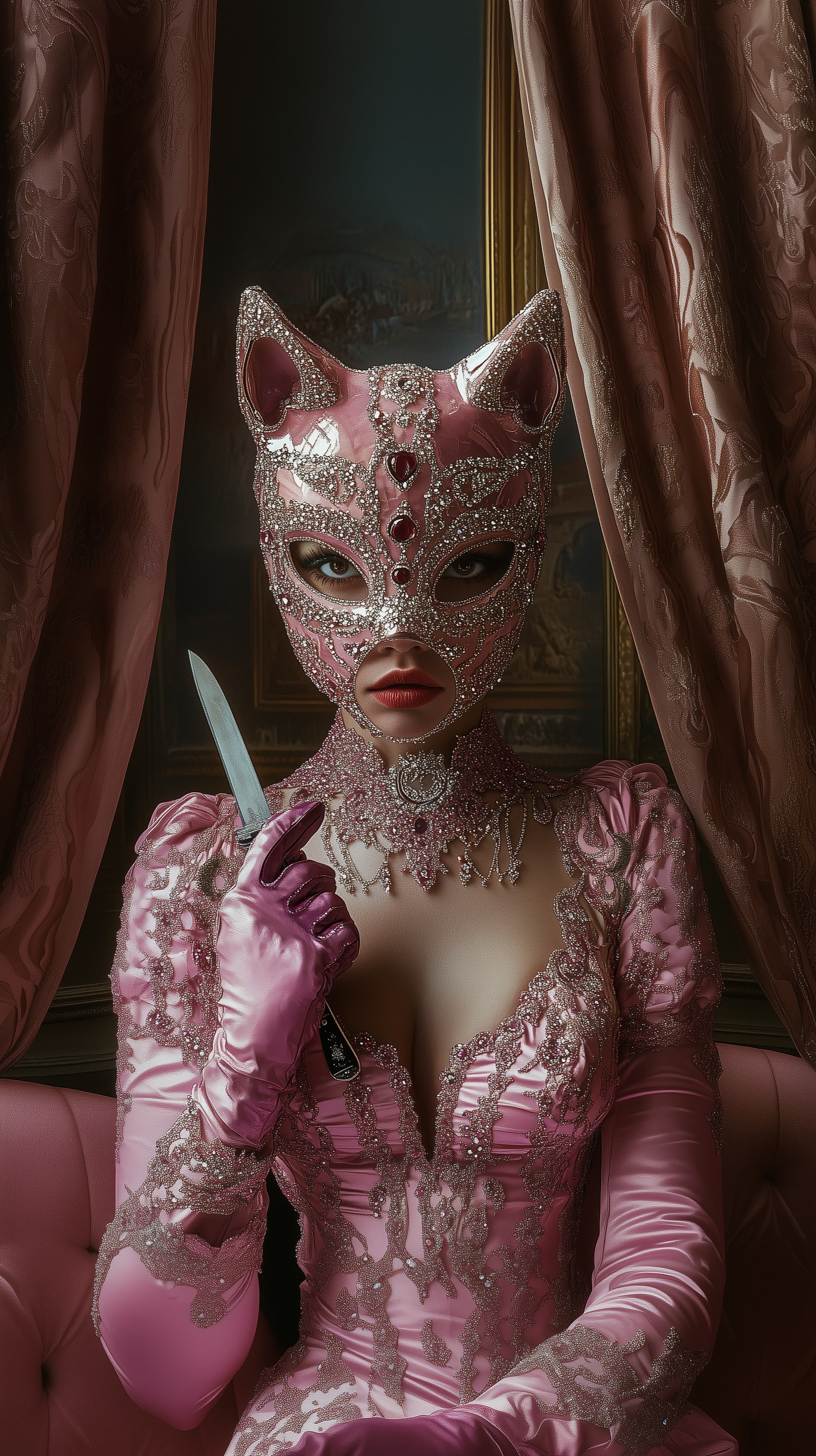Glam Pink Masquerade Portrait with Crystal Mask and Knife - High Resolution crystal Wallpaper for Mobile and Desktop