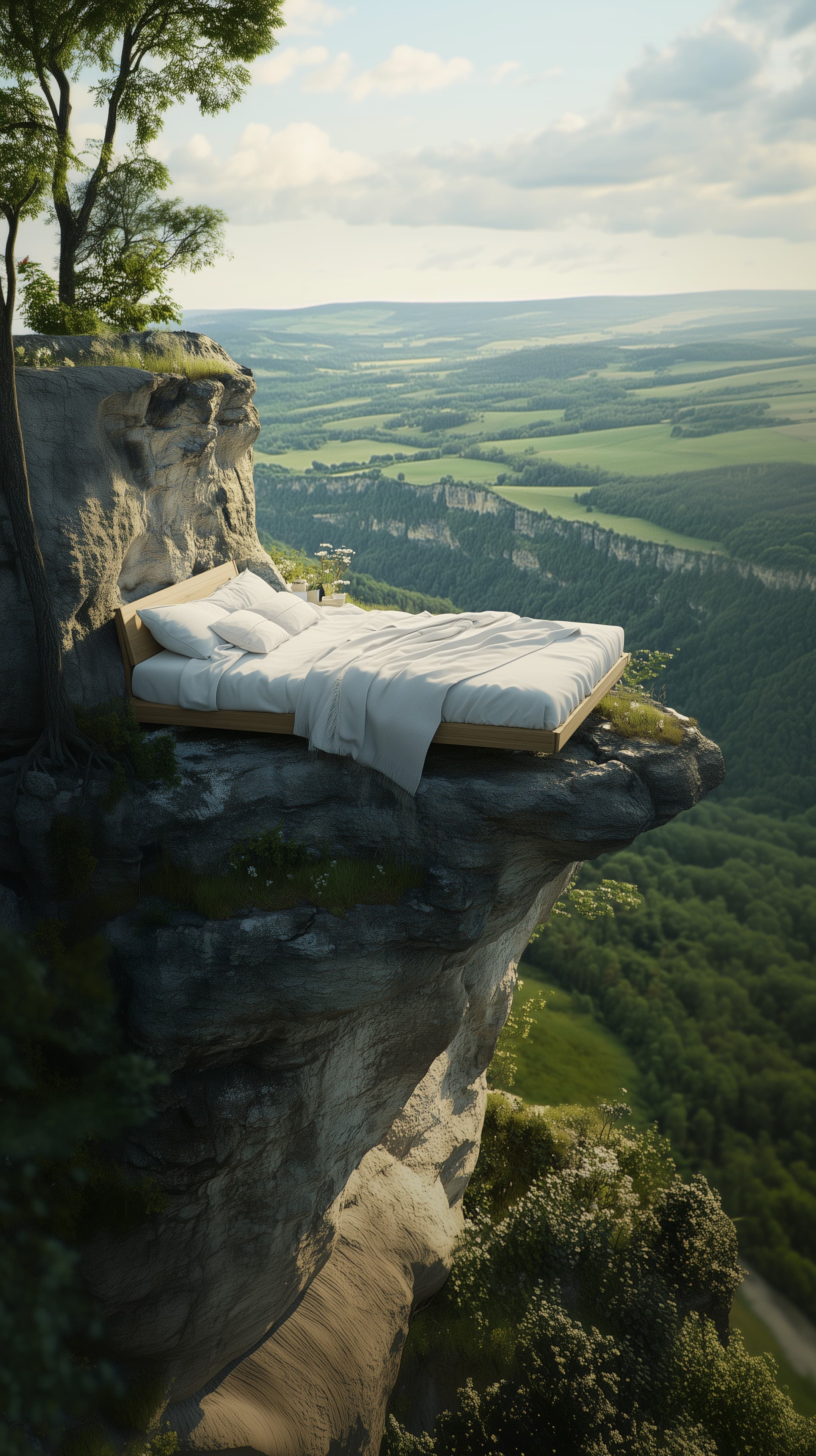 Cliffside Bed Overlook: Scenic Valley Wallpaper for Homes - High Resolution bedroom Wallpaper for Mobile and Desktop