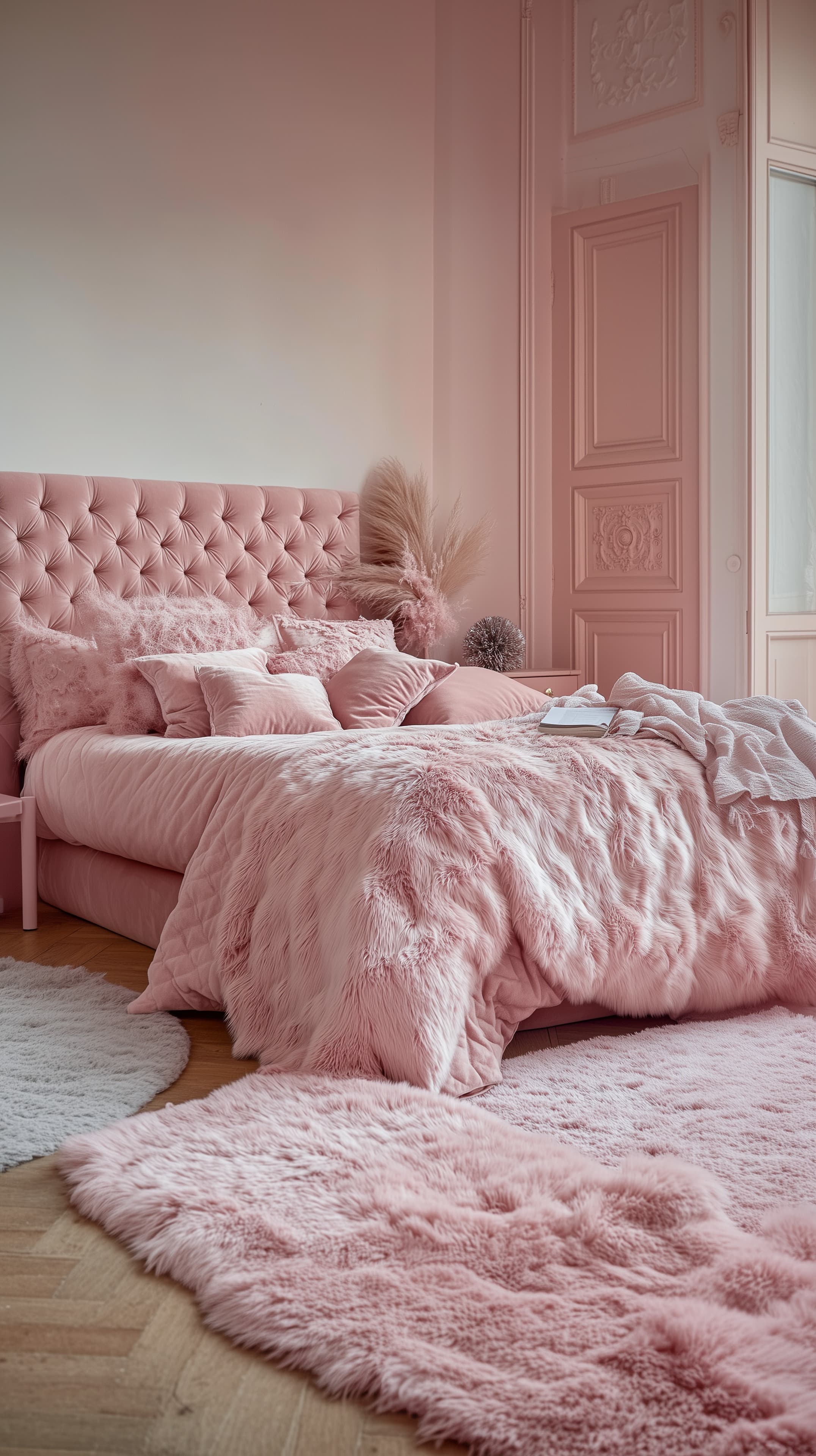 Soft Pink Bedroom: Tufted Headboard, Plush Fur Bedding - High Resolution cozy-bedroom Wallpaper for Mobile and Desktop