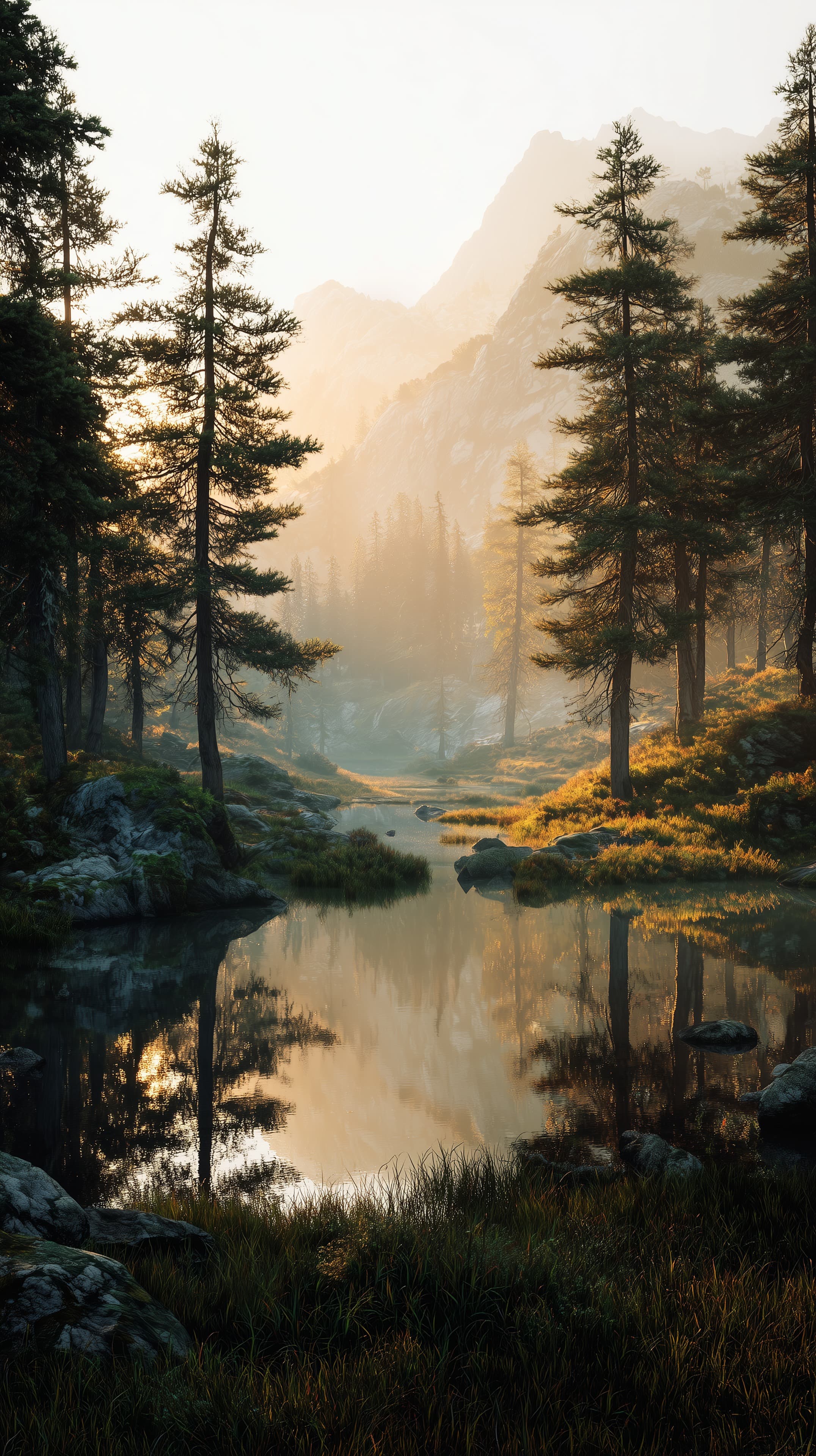 Golden Hour Forest Lake with Misty Mountains - Tranquil Scene - High Resolution alpine-landscape Wallpaper for Mobile and Desktop