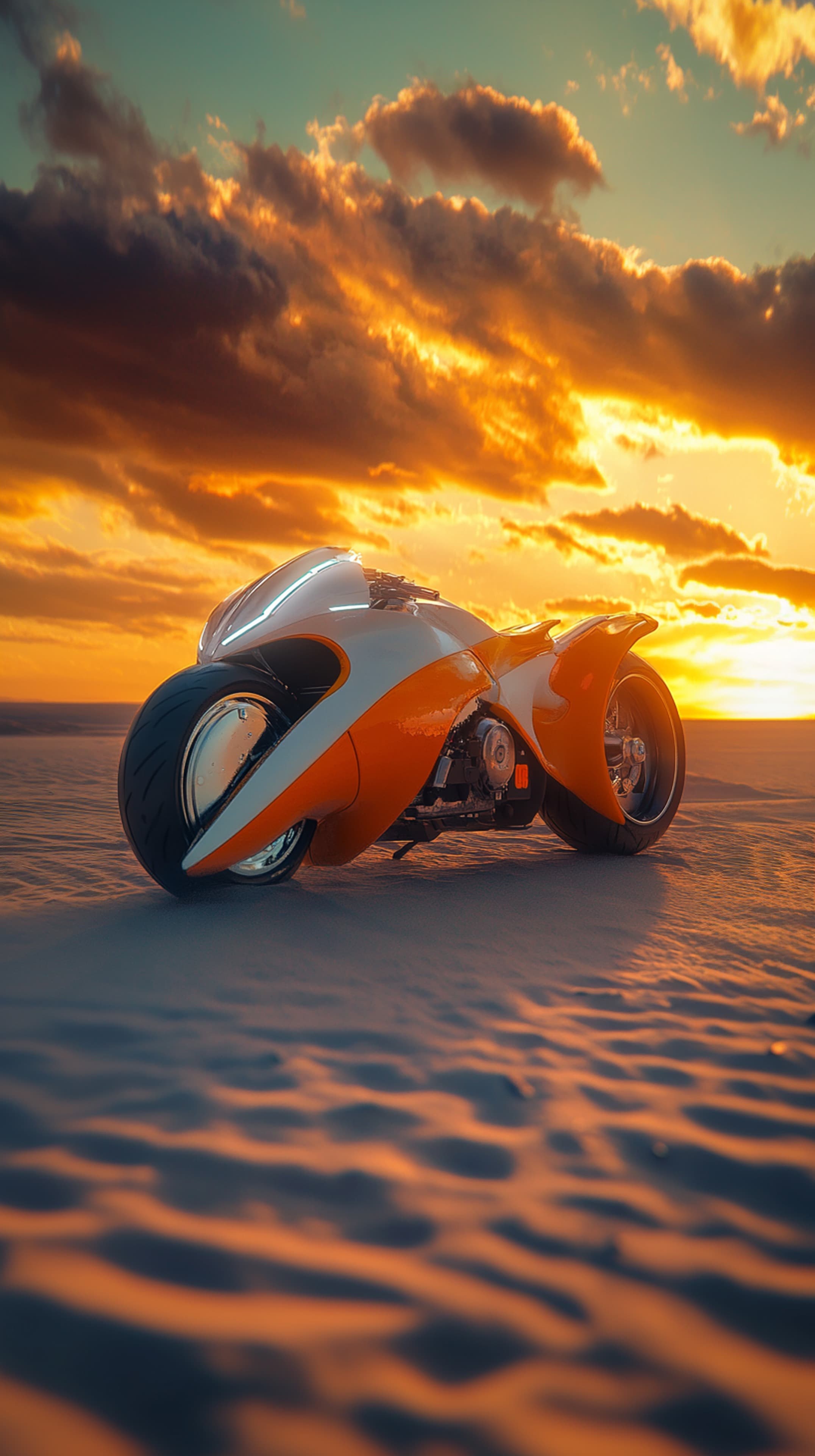 Epic Futuristic Concept Motorcycle at Sunset in Desert - High Resolution desert Wallpaper for Mobile and Desktop