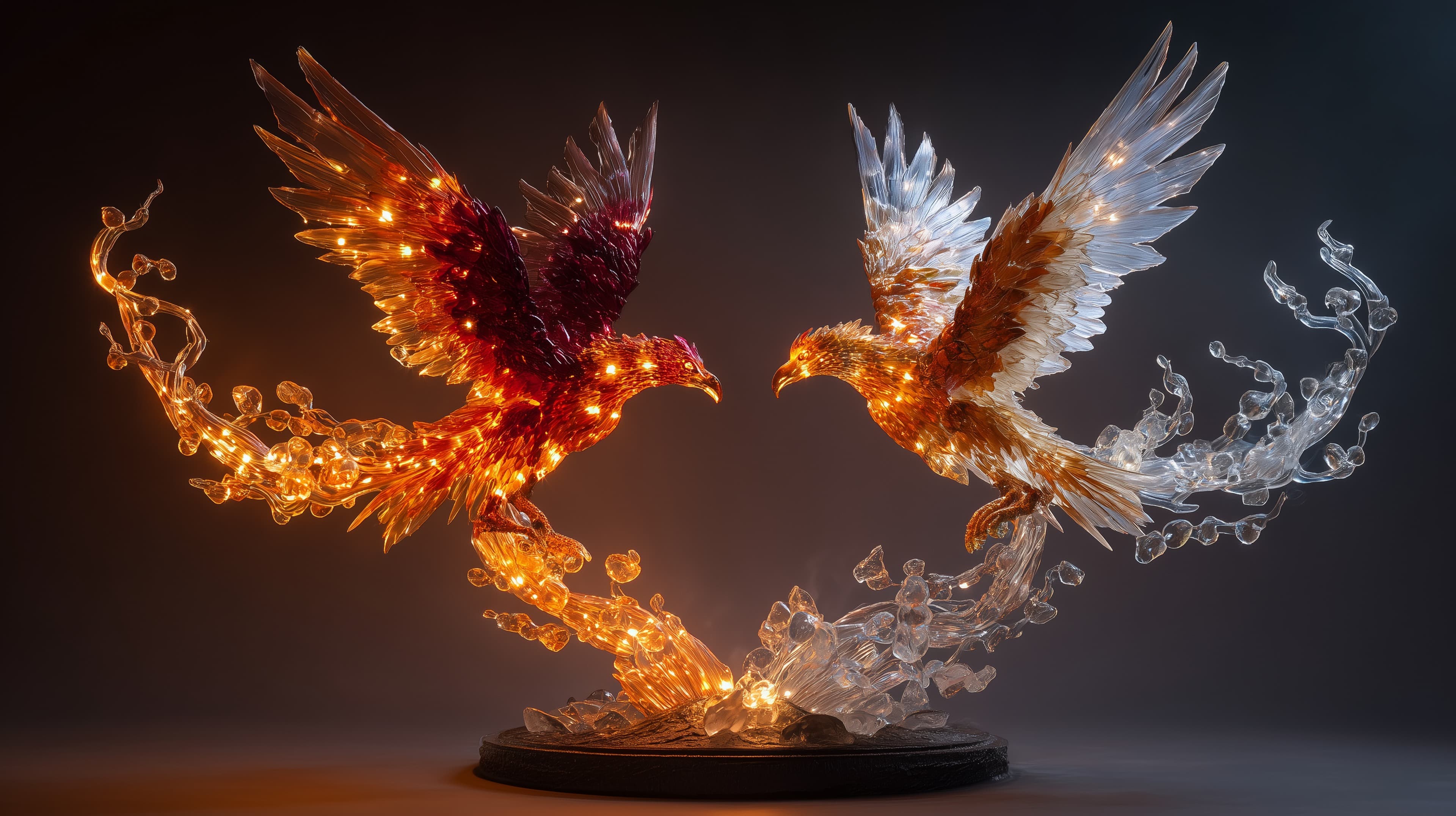 Dual Glass Phoenix Wall Art: Fiery vs Frosty Light Sculpture - High Resolution fiery-phoenix Wallpaper for Mobile and Desktop