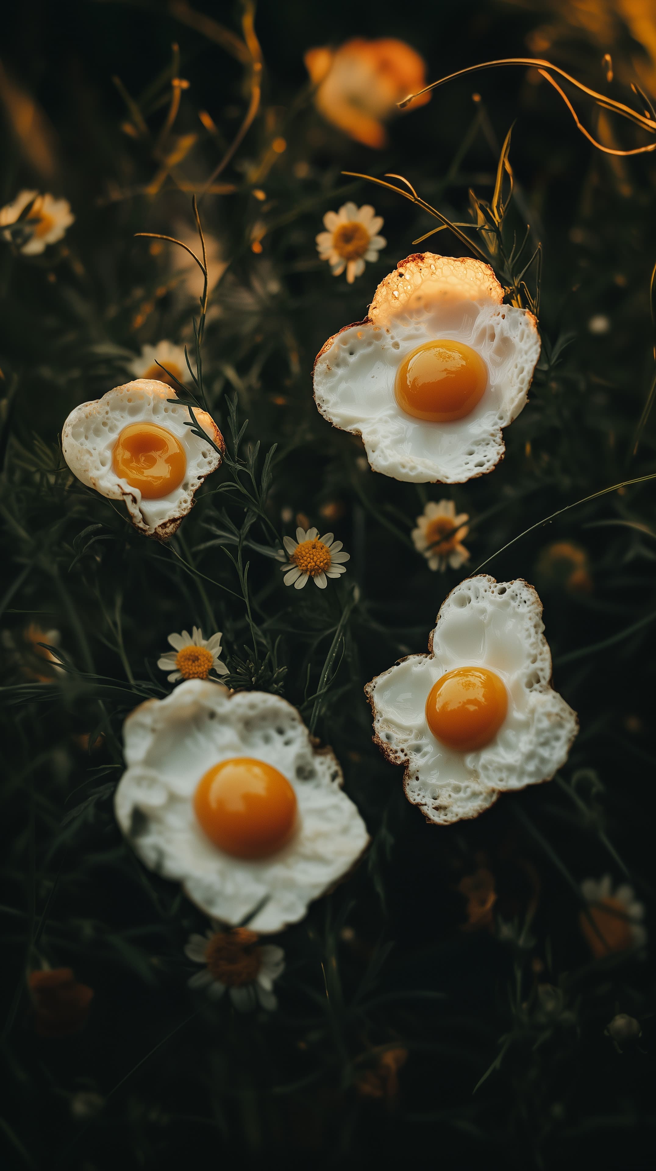 Sunlit Field of Fried Eggs Among Wildflowers — Golden Glow - High Resolution artful-still-life Wallpaper for Mobile and Desktop