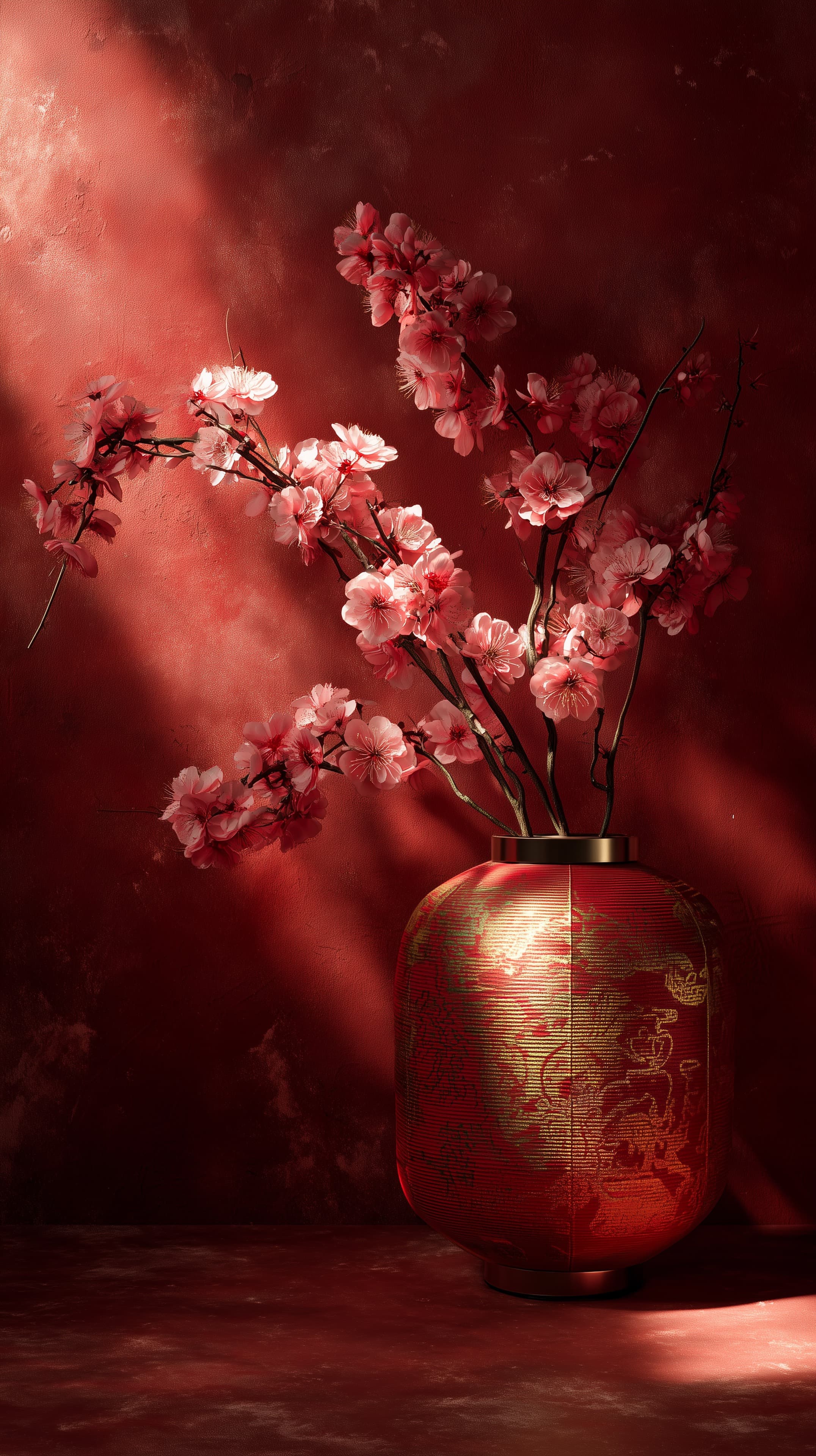 Red Vase with Pink Blossoms - Elegant Still Life Wallpaper - High Resolution crimson-background Wallpaper for Mobile and Desktop
