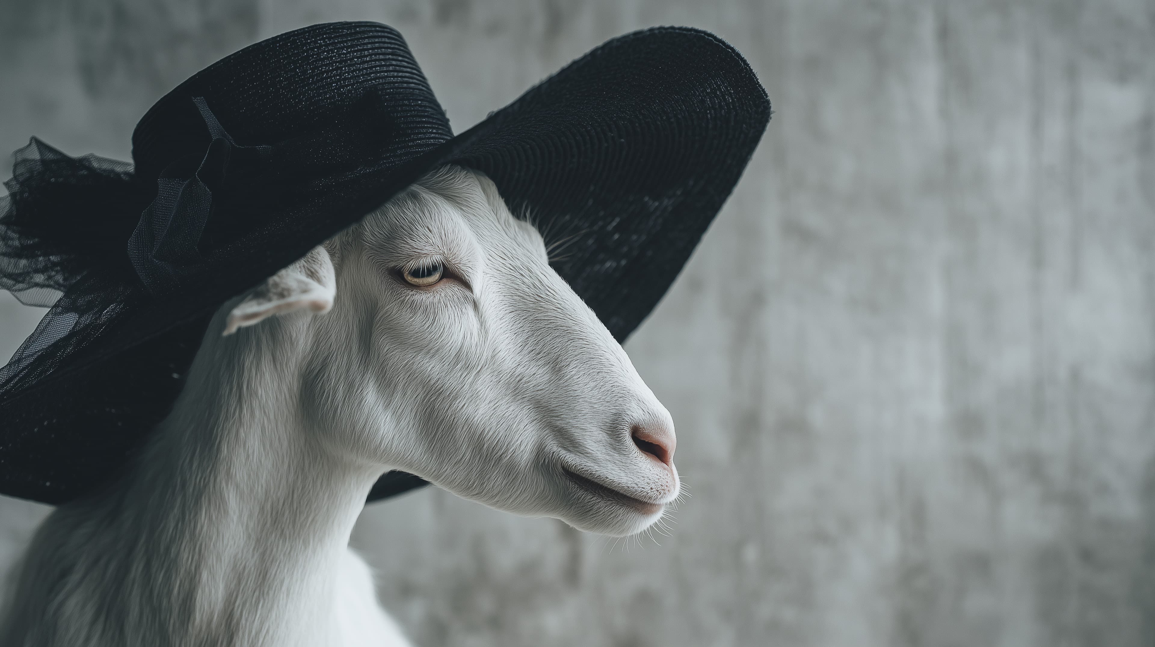 Whimsical White Goat Portrait in a Wide-Brim Hat - Wallpaper - High Resolution goat Wallpaper for Mobile and Desktop