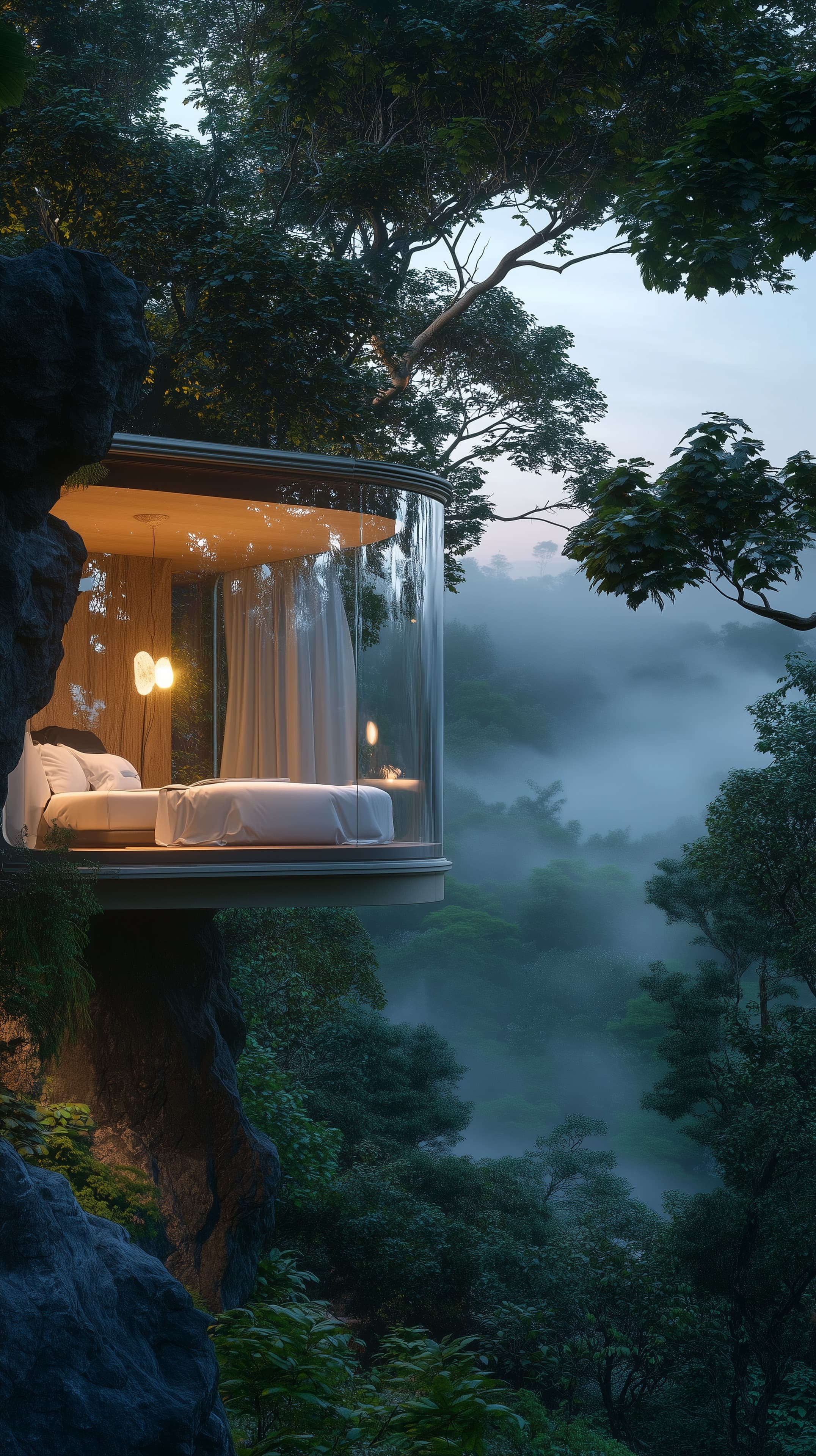 Glass Cliffside Bedroom Over Misty Forest at Dusk Vista - High Resolution bedroom-interior Wallpaper for Mobile and Desktop