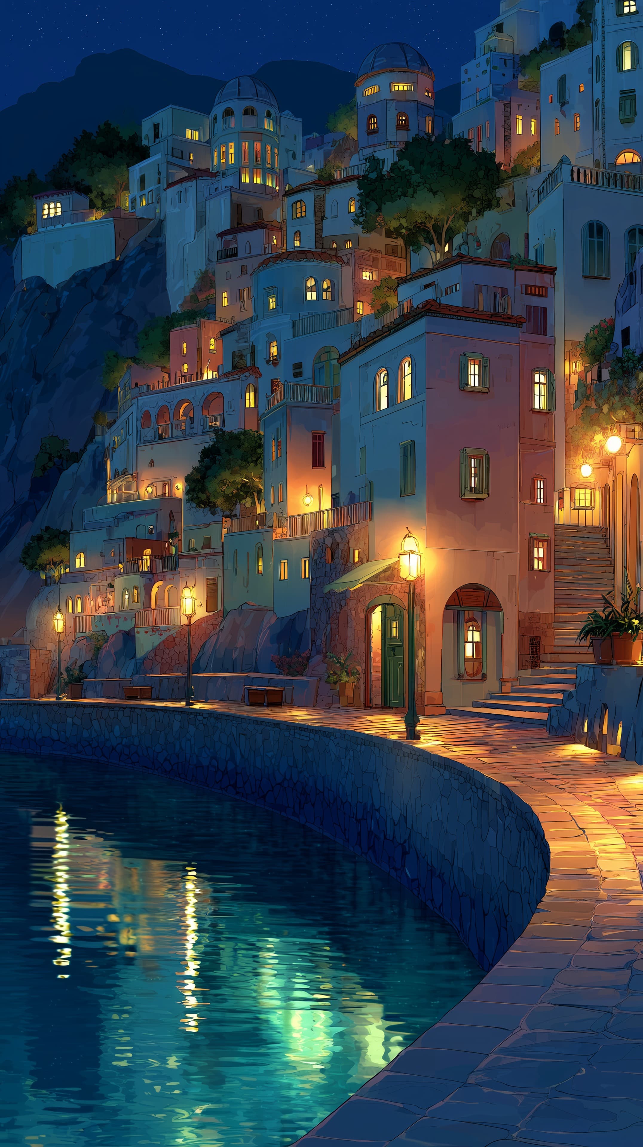 Enchanting Night Coastal Village Scene with Warm Lantern Lights - High Resolution cityscape Wallpaper for Mobile and Desktop