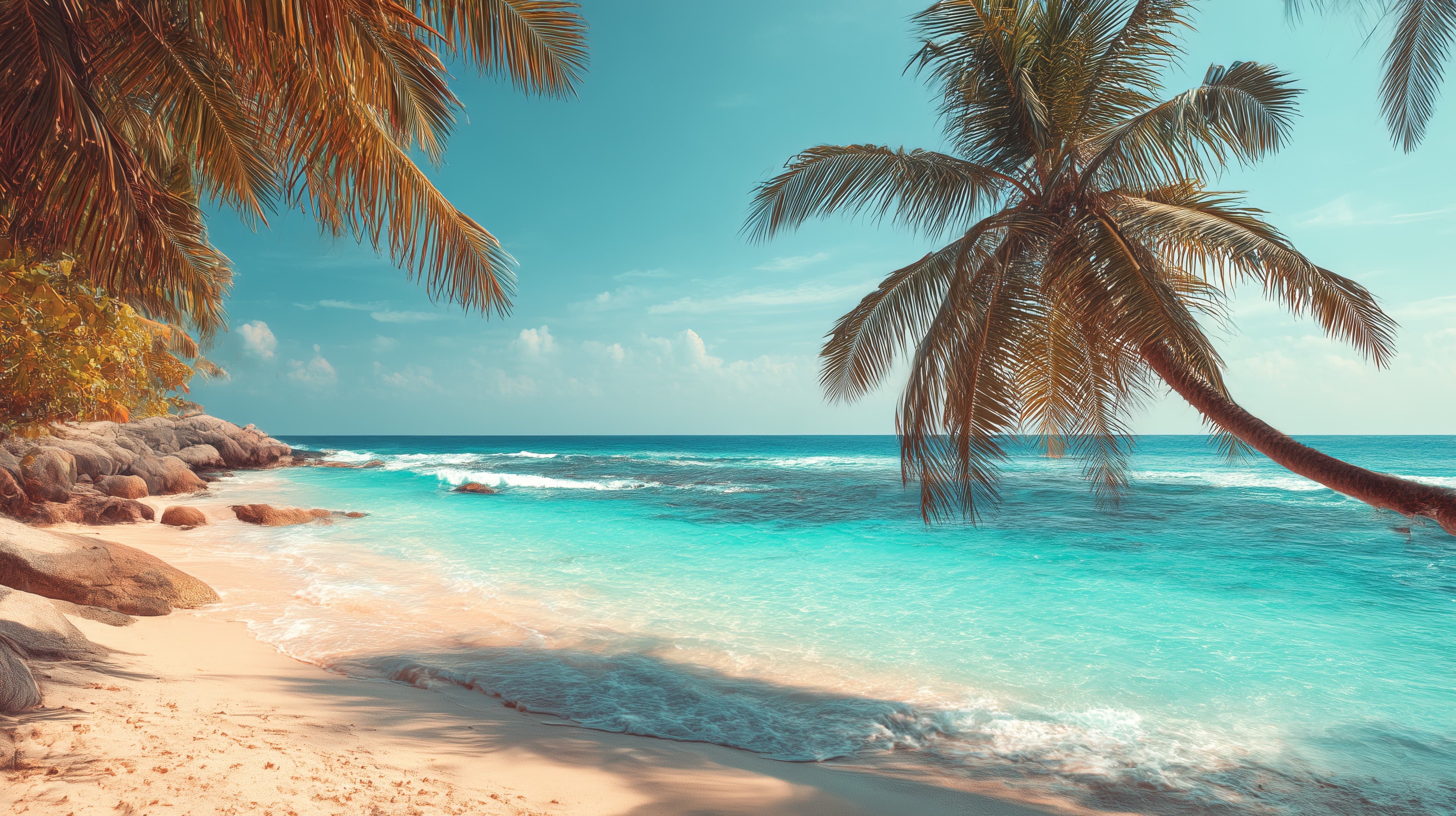 Tropical Beach Paradise Wallpaper: Turquoise Sea & Palm Shade - High Resolution beach Wallpaper for Mobile and Desktop