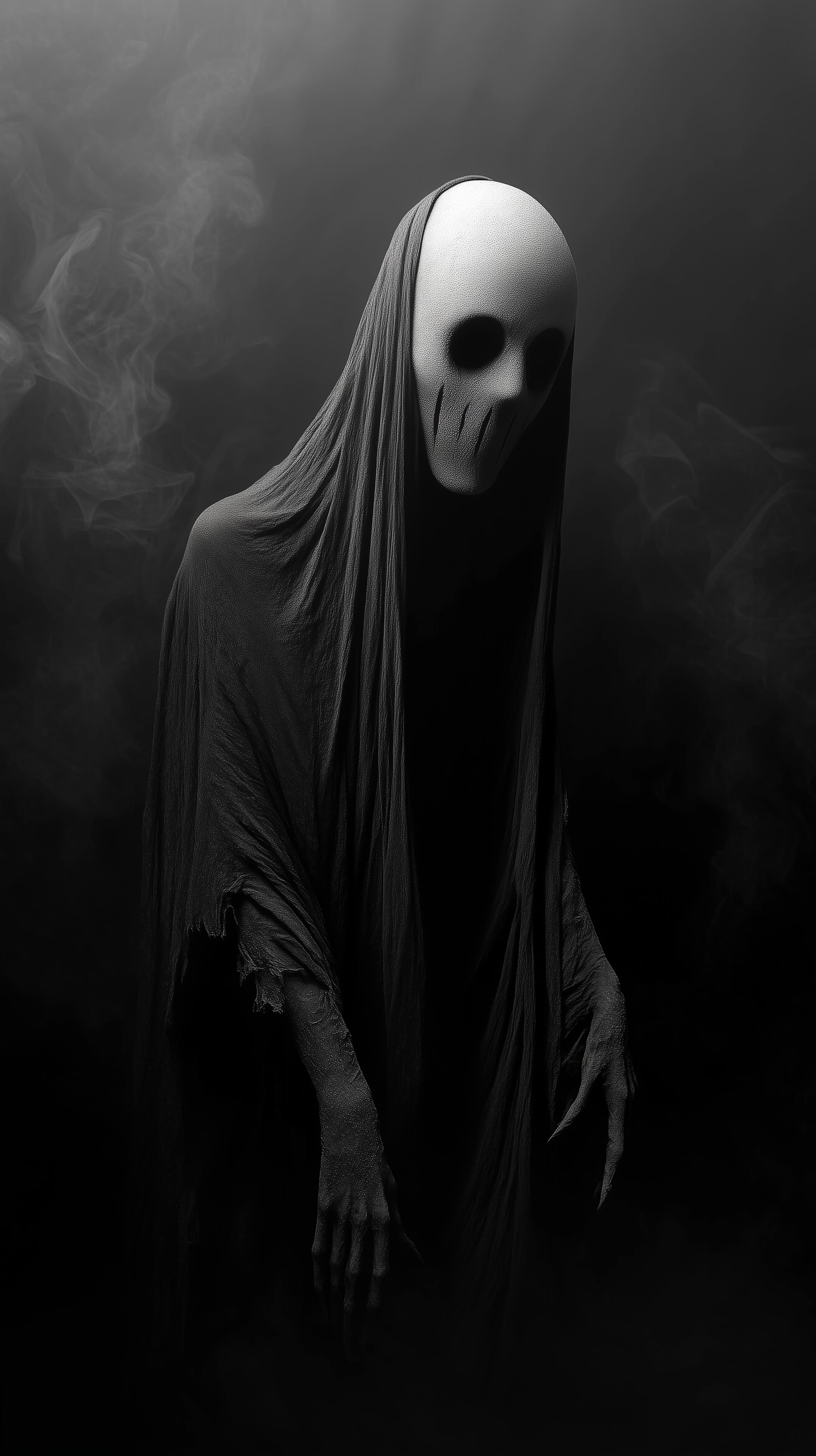 Dark Ghostly Figure in Shrouded Cloak - Eerie Black Wallpaper - High Resolution ghostly-figure Wallpaper for Mobile and Desktop