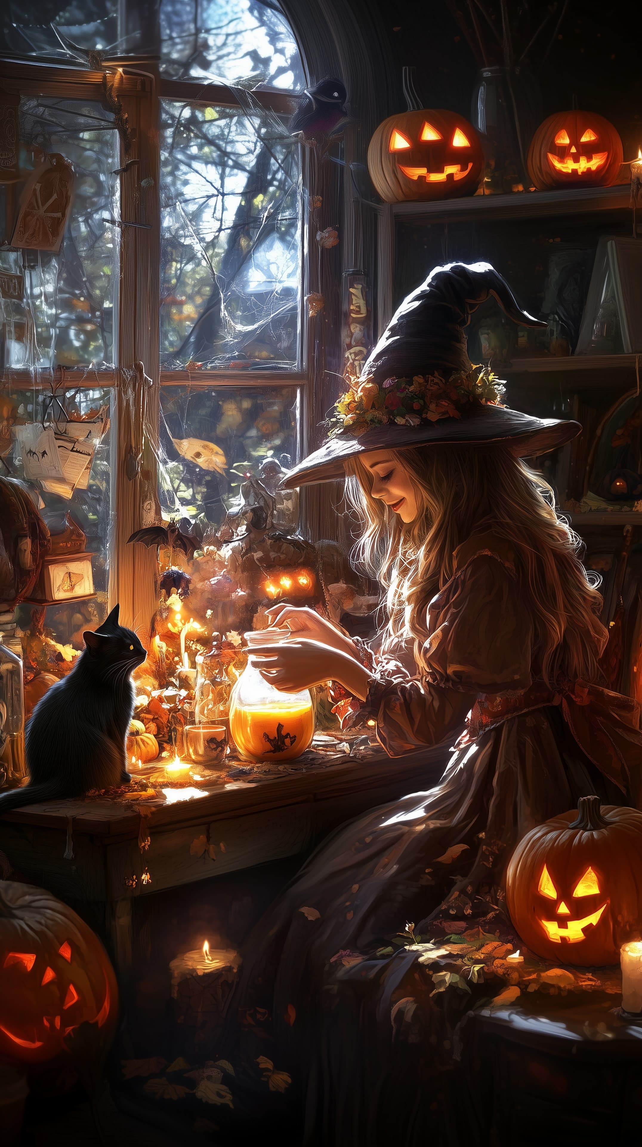 Cozy Halloween Witch by Window Lanterns and Pumpkins - High Resolution autumn Wallpaper for Mobile and Desktop