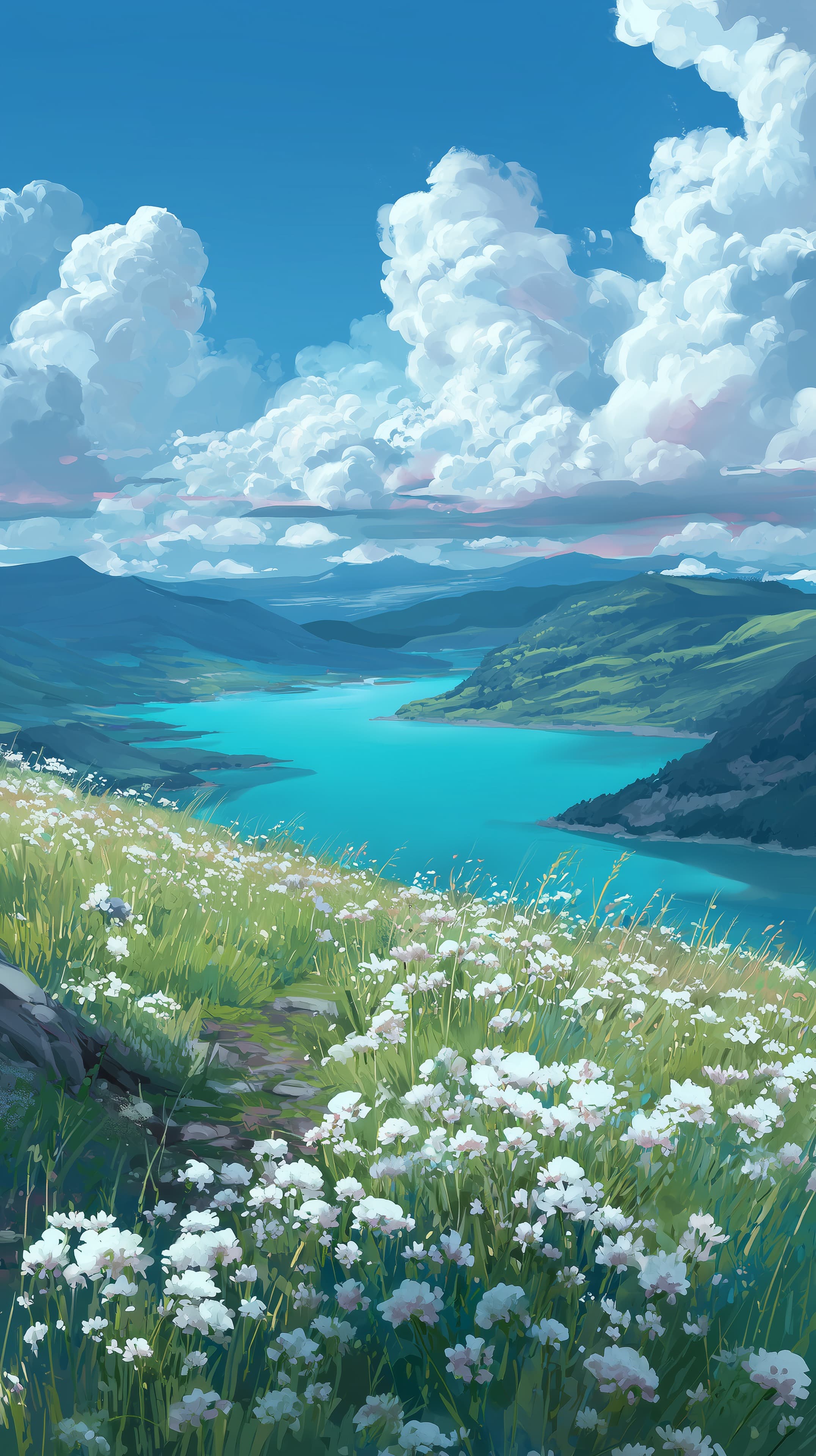 Serene turquoise lake amid rolling hills and wildflowers - High Resolution clouds Wallpaper for Mobile and Desktop