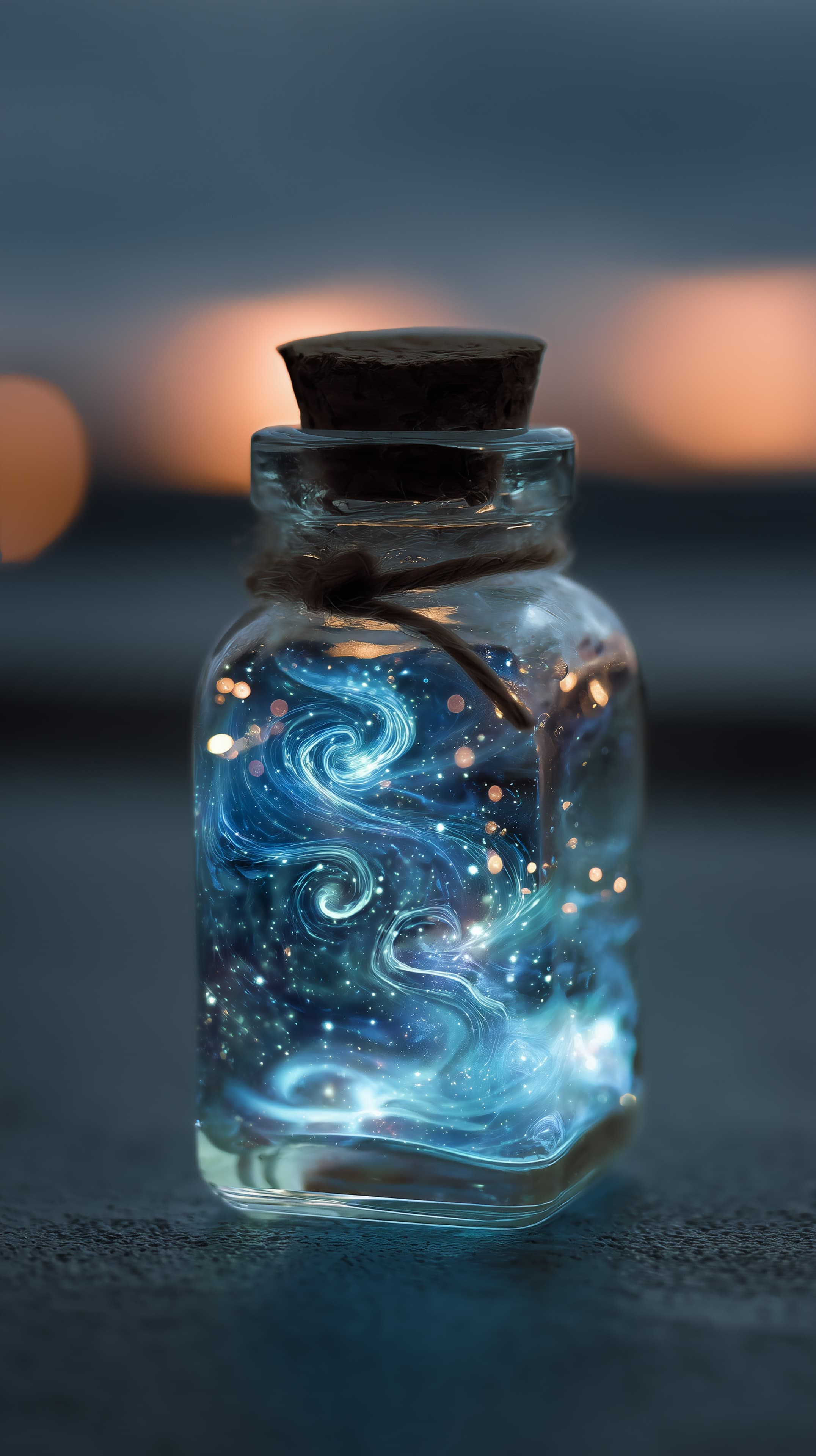 Mystical Cosmic Swirl in a Glass Bottle Dreamy Wallpaper - High Resolution blue-background Wallpaper for Mobile and Desktop