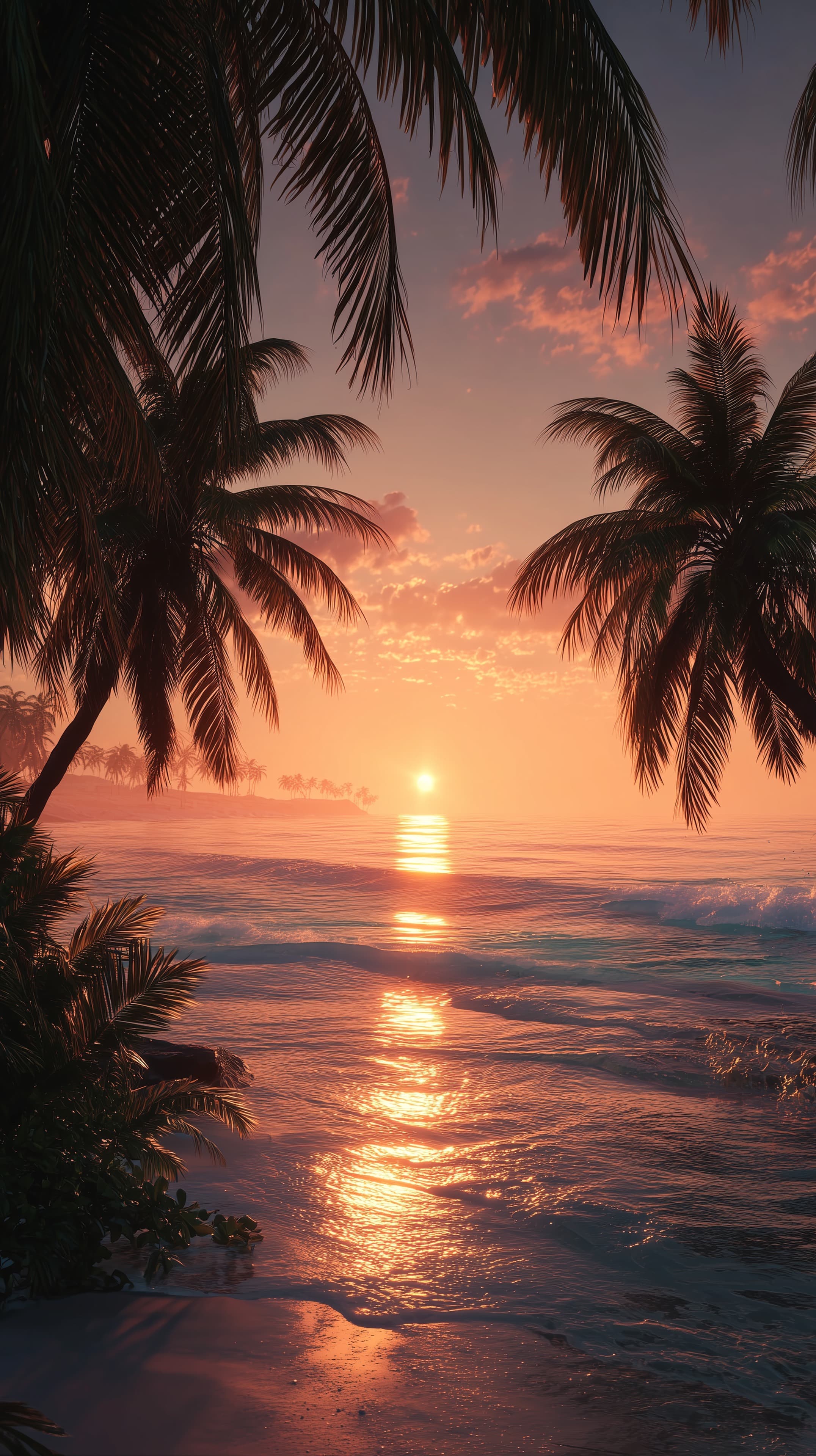 Golden Sunset Over Tropical Beach with Palm Fronds - Wallpaper - High Resolution beach Wallpaper for Mobile and Desktop