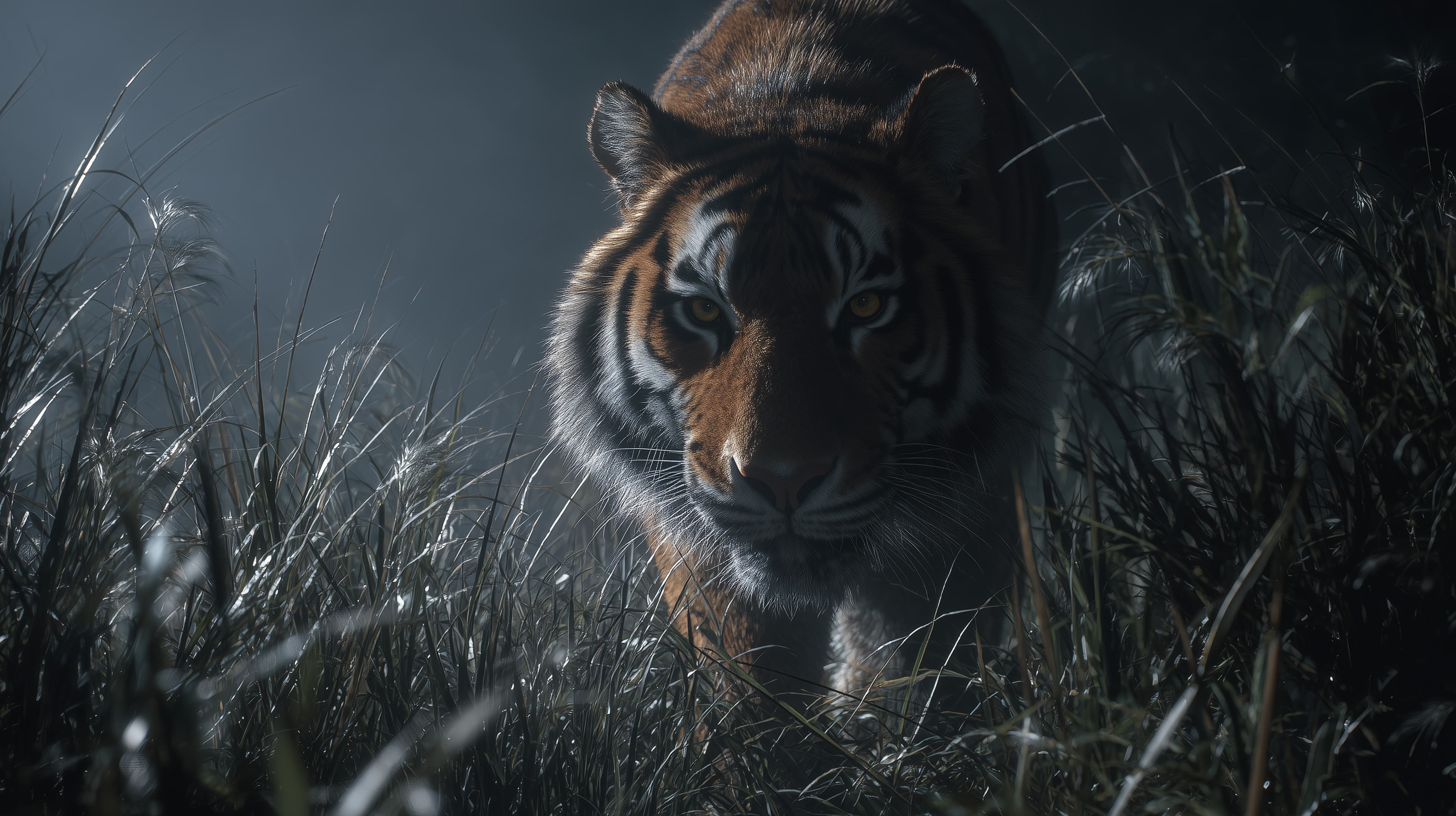 Moonlit Tiger Stalking Through Tall Grass – Night Wildlife Wallpaper - High Resolution tiger Wallpaper for Mobile and Desktop