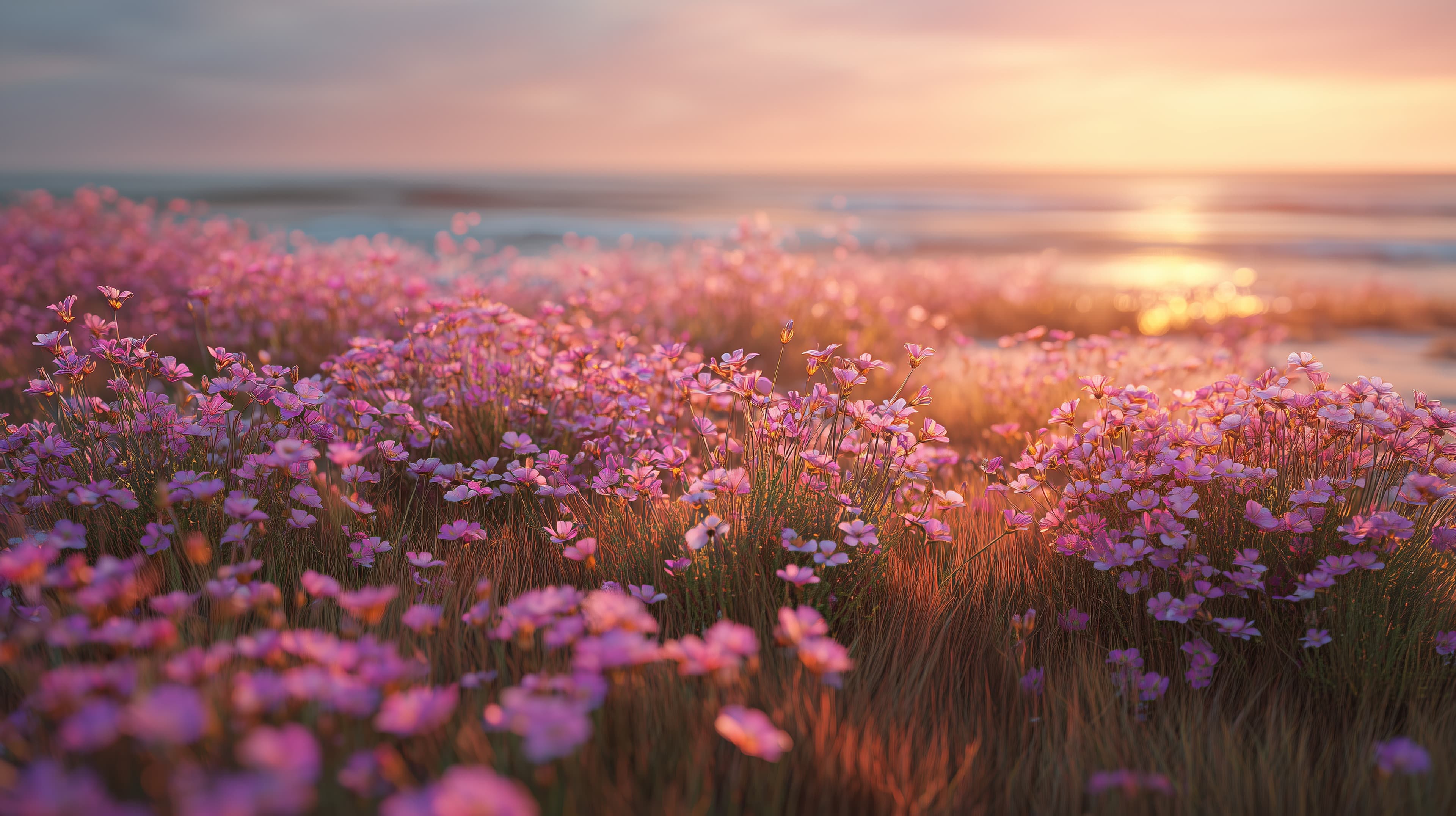 Sunset Pink Flower Coastal Field - Warm Lavender Dusk Scene - High Resolution coastal-field Wallpaper for Mobile and Desktop