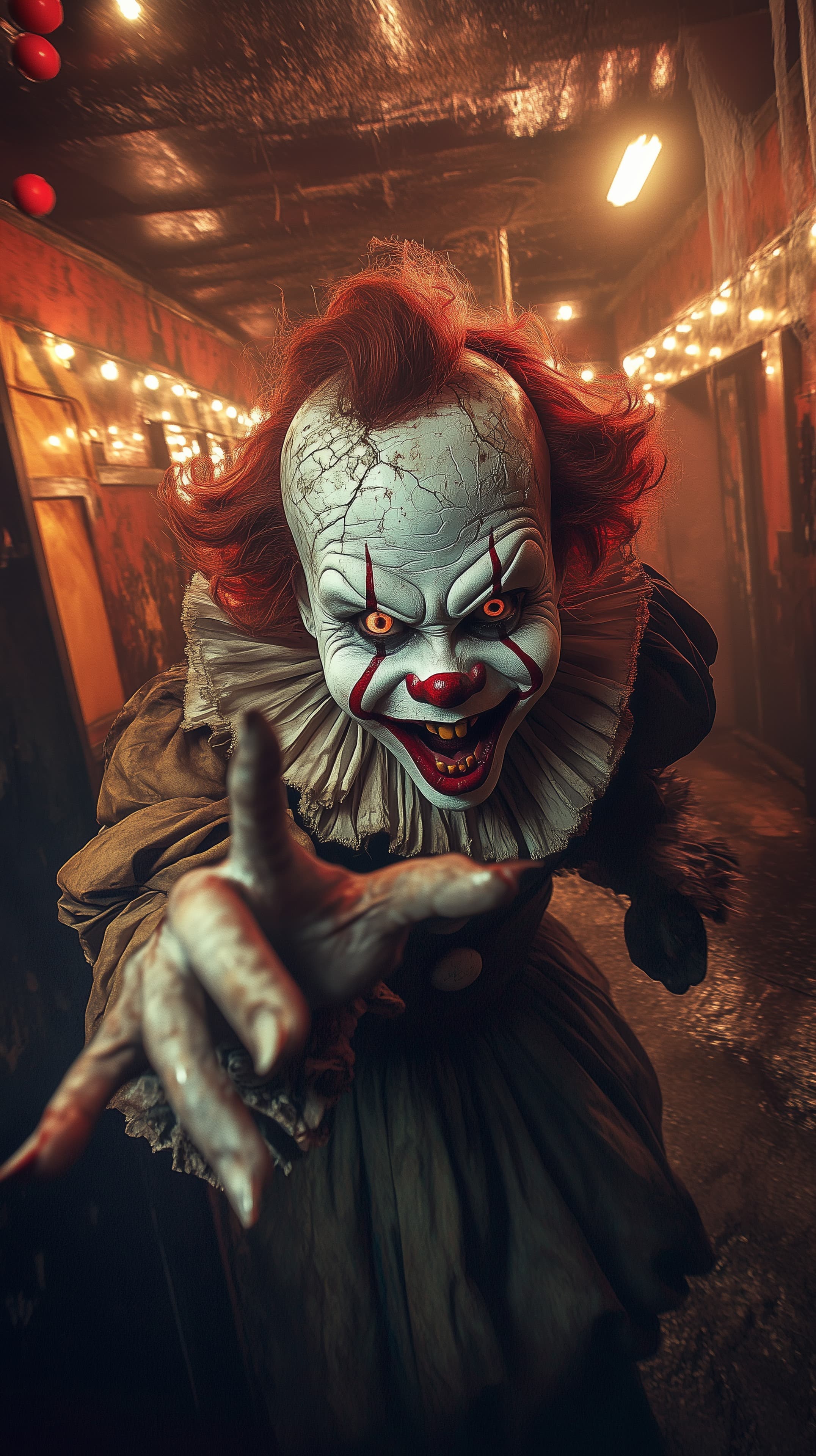 Creepy Clown Wallpaper: Haunting Portrait in Dim Hallway - High Resolution cinematic-lighting Wallpaper for Mobile and Desktop