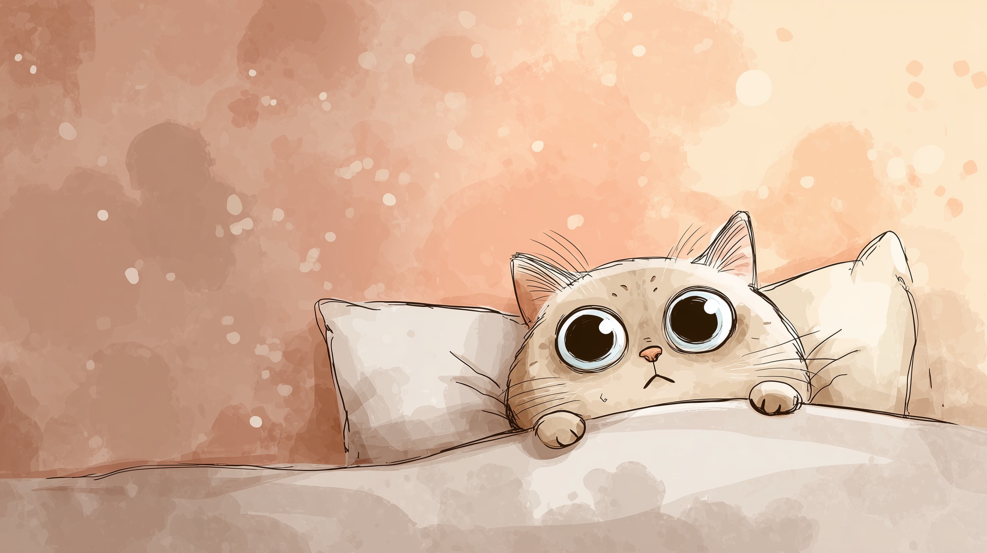 Adorable Cartoon Cat Peeking Over Blanket - Cozy Sunset Wallpaper - High Resolution bedroom Wallpaper for Mobile and Desktop