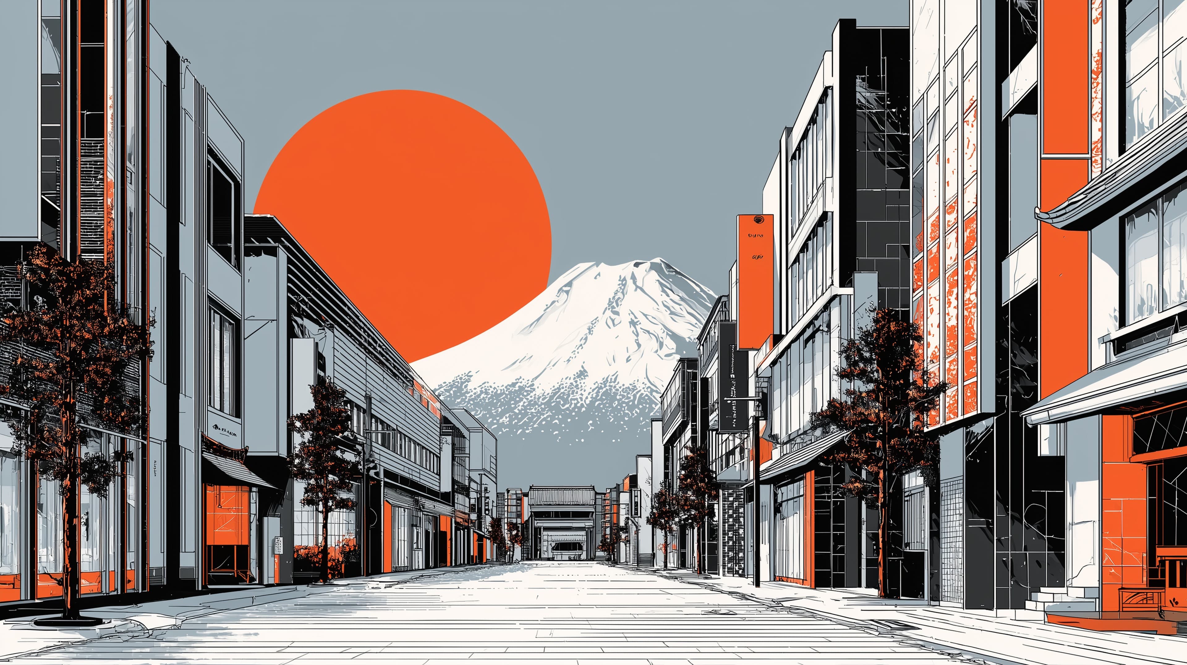 Urban Street Horizon: Modern Cityscape with Snowy Mountain - High Resolution cinematic Wallpaper for Mobile and Desktop