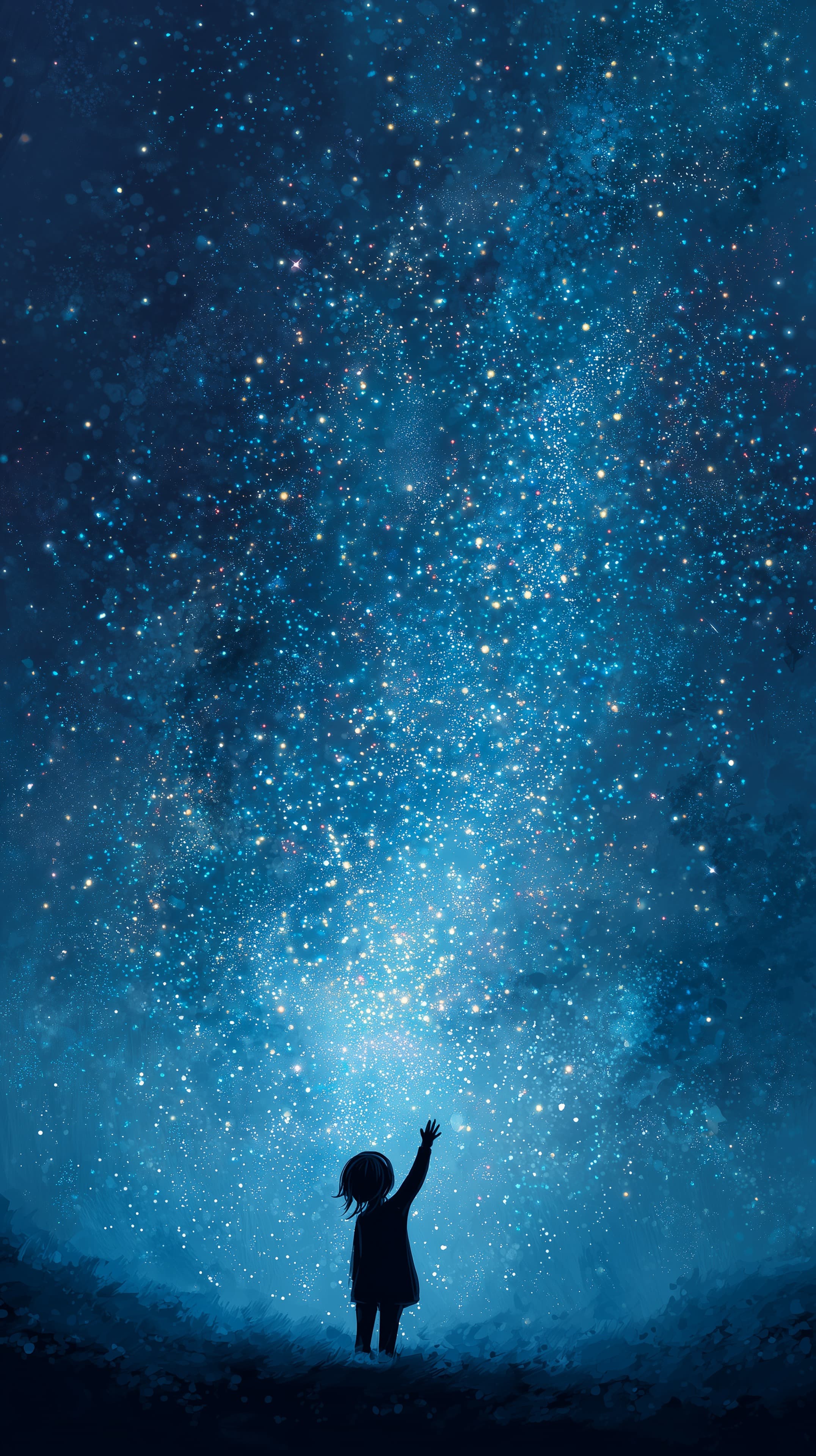 Starry Night Sky Wallpaper: Silhouette Reaching Toward Blue Galaxy - High Resolution blue-gradient Wallpaper for Mobile and Desktop