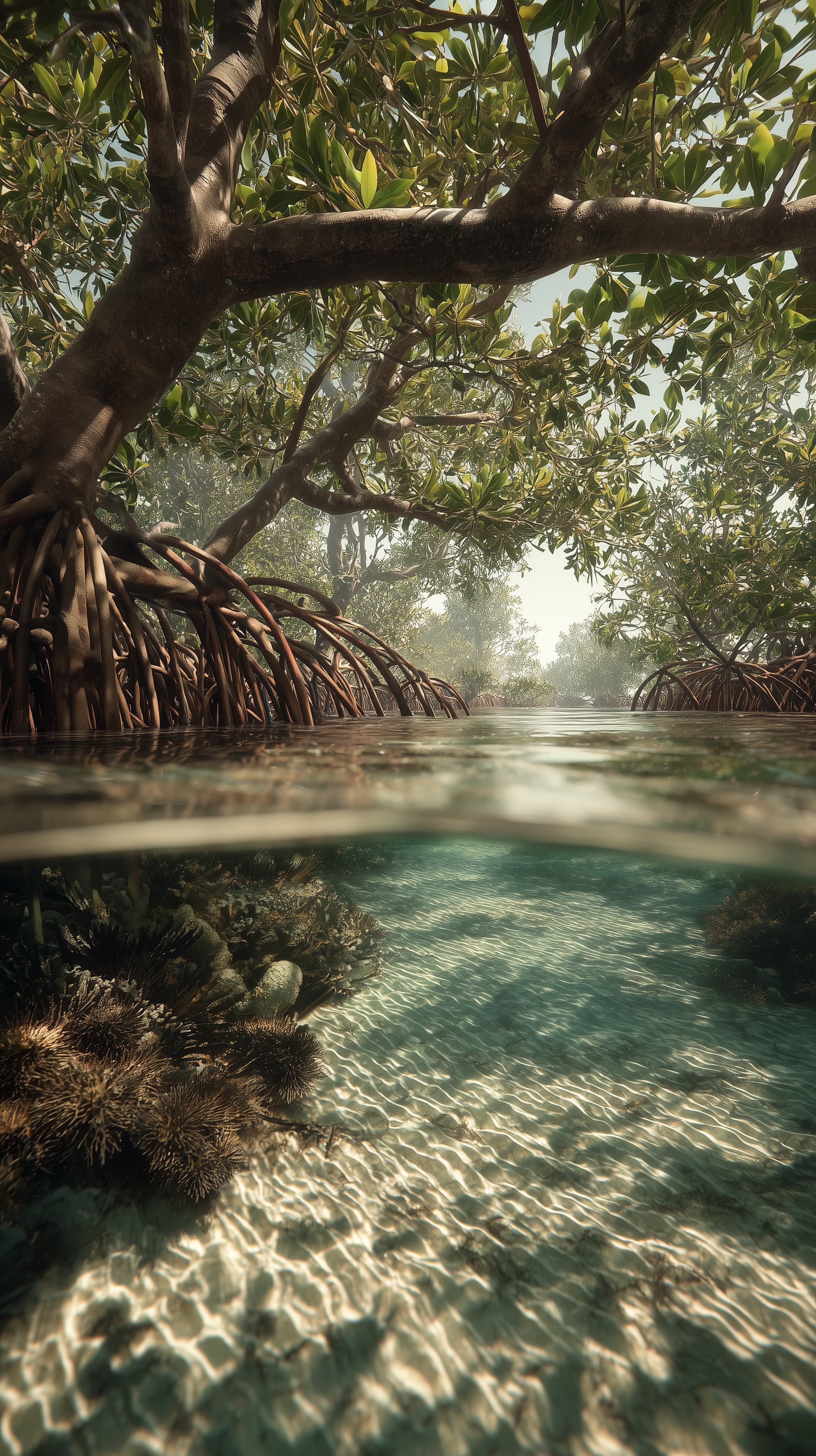 Underwater View Through a Mangrove Forest with Dappled Light - High Resolution clear-water Wallpaper for Mobile and Desktop
