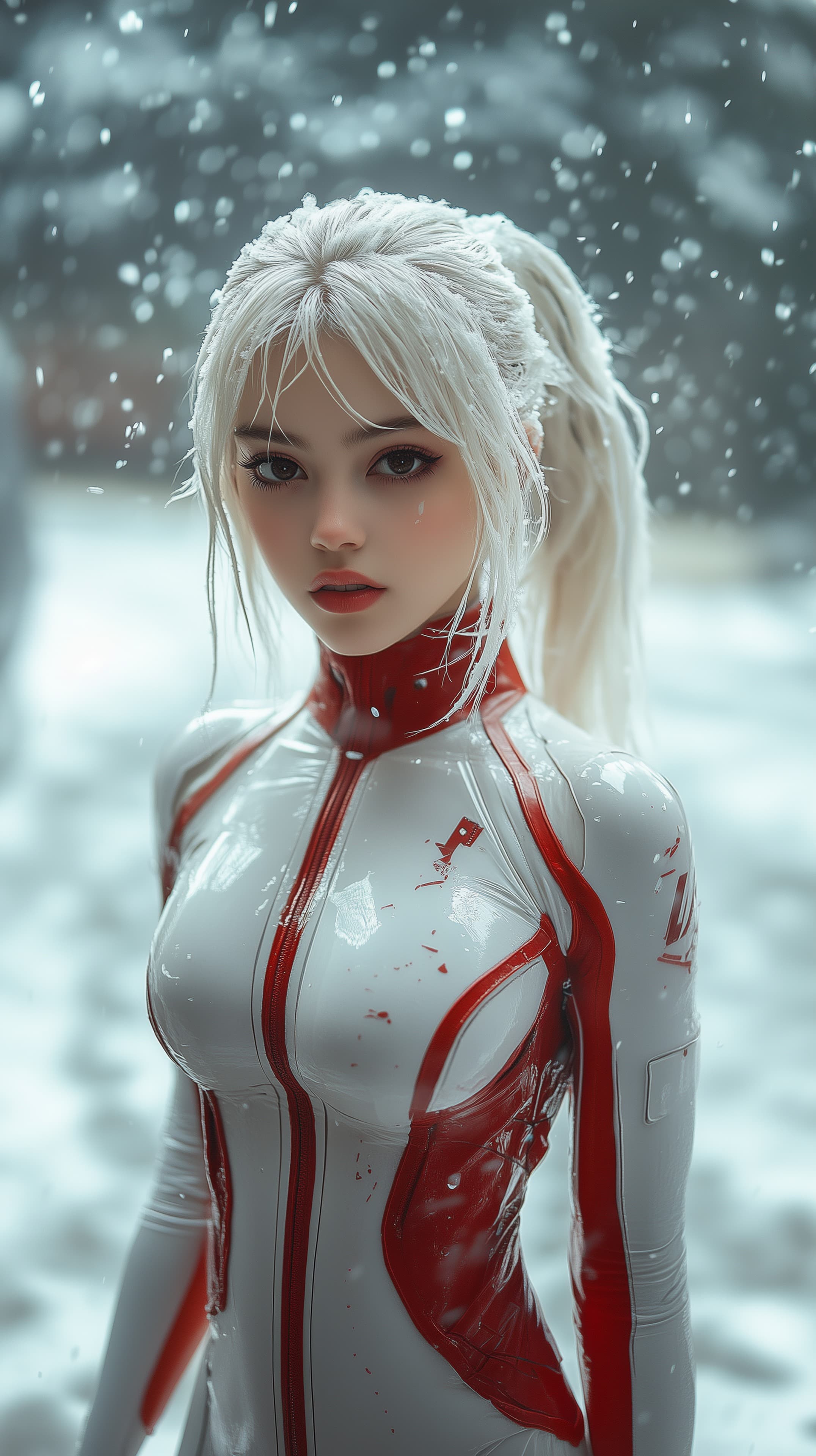 Winter Warrior in a Sleek White-Red Suit Amid Snowfall - High Resolution 3d-render Wallpaper for Mobile and Desktop