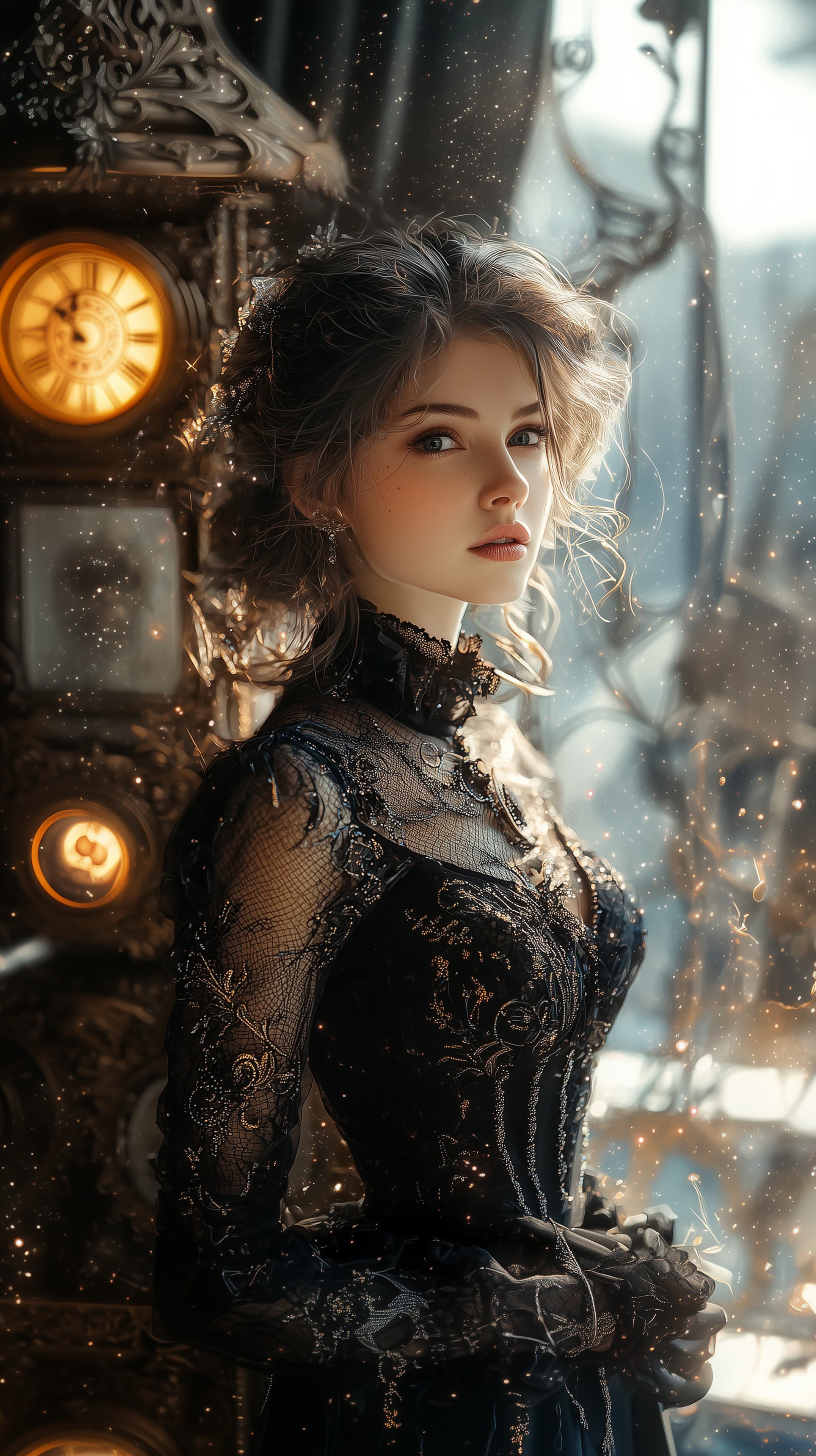 Elegant Victorian Lace Portrait with Clockwork Backdrop - High Resolution clockwork Wallpaper for Mobile and Desktop