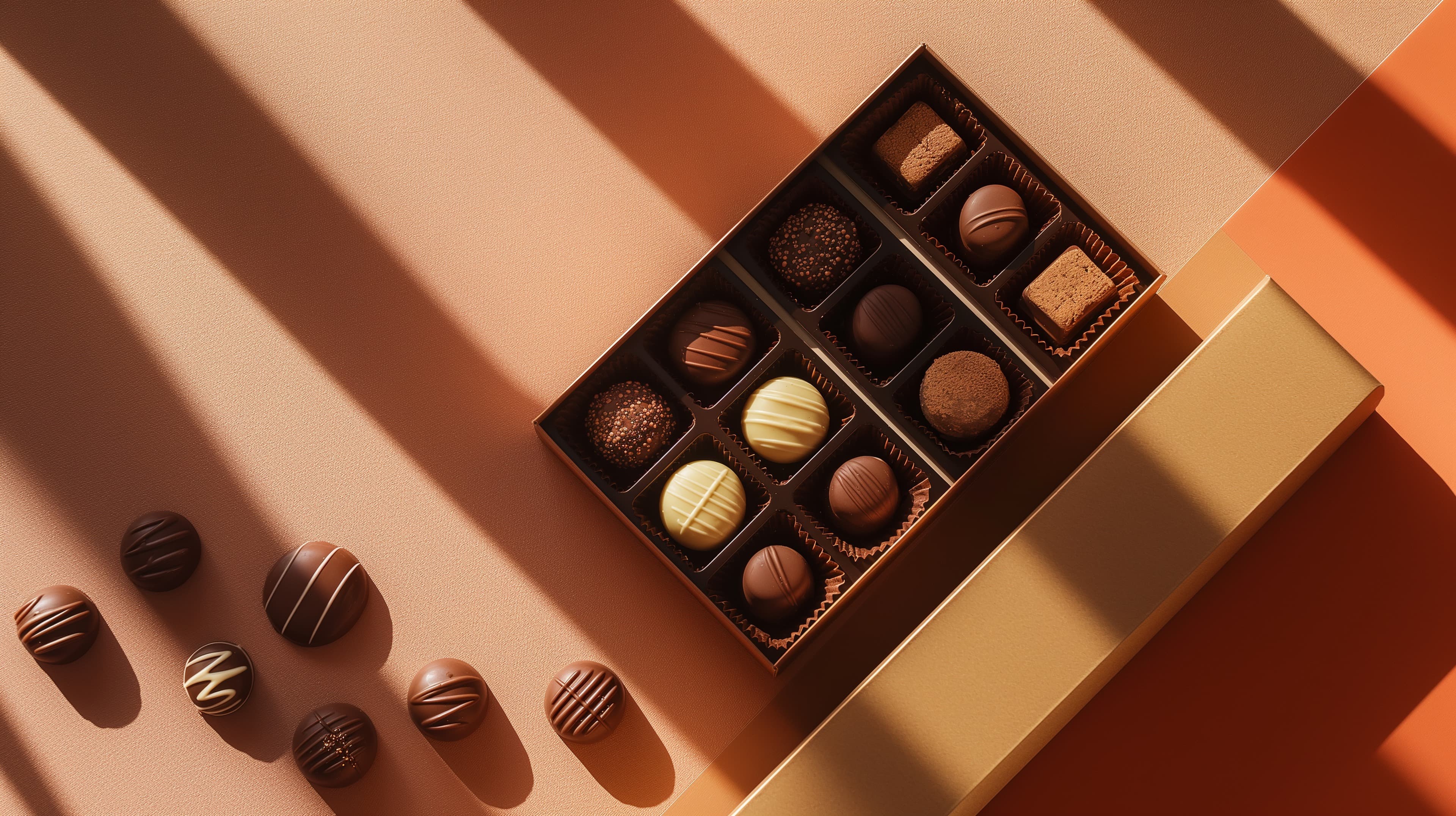 Warm Chocolate Truffles in Gift Box Under Sunlit Shadows - High Resolution chocolate Wallpaper for Mobile and Desktop