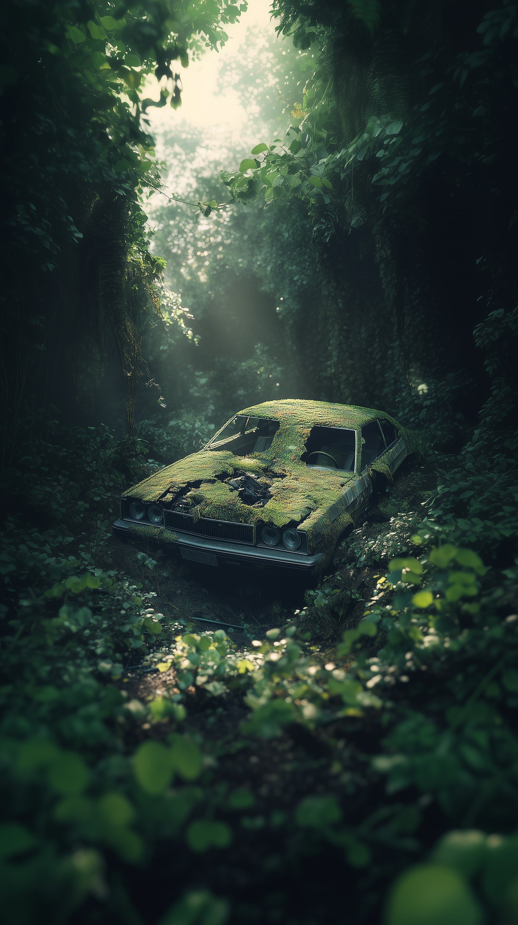 Abandoned Mossy Car in a Quiet Forest – Atmospheric Wallpaper - High Resolution abandoned-car Wallpaper for Mobile and Desktop