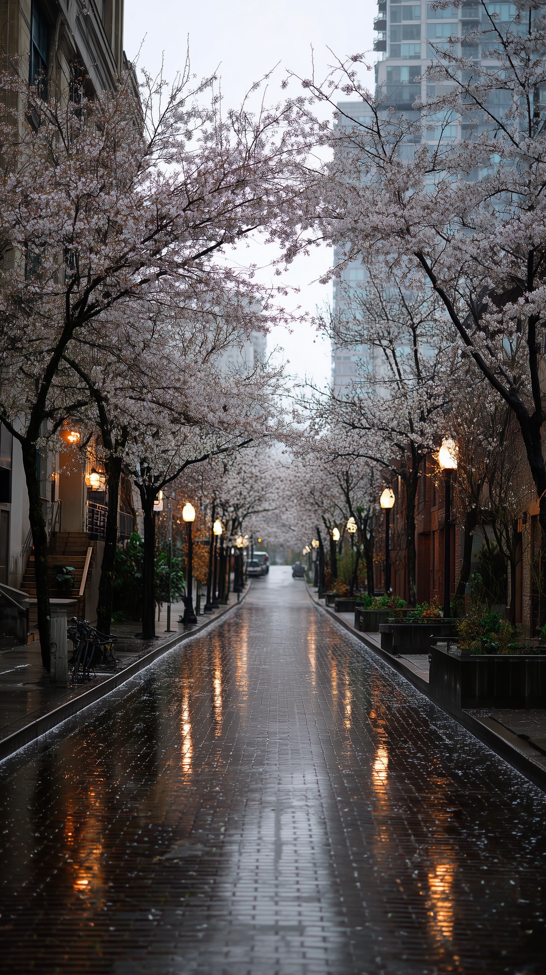 Urban street in spring drizzle with cherry blossoms and lights - High Resolution cherry-blossoms Wallpaper for Mobile and Desktop