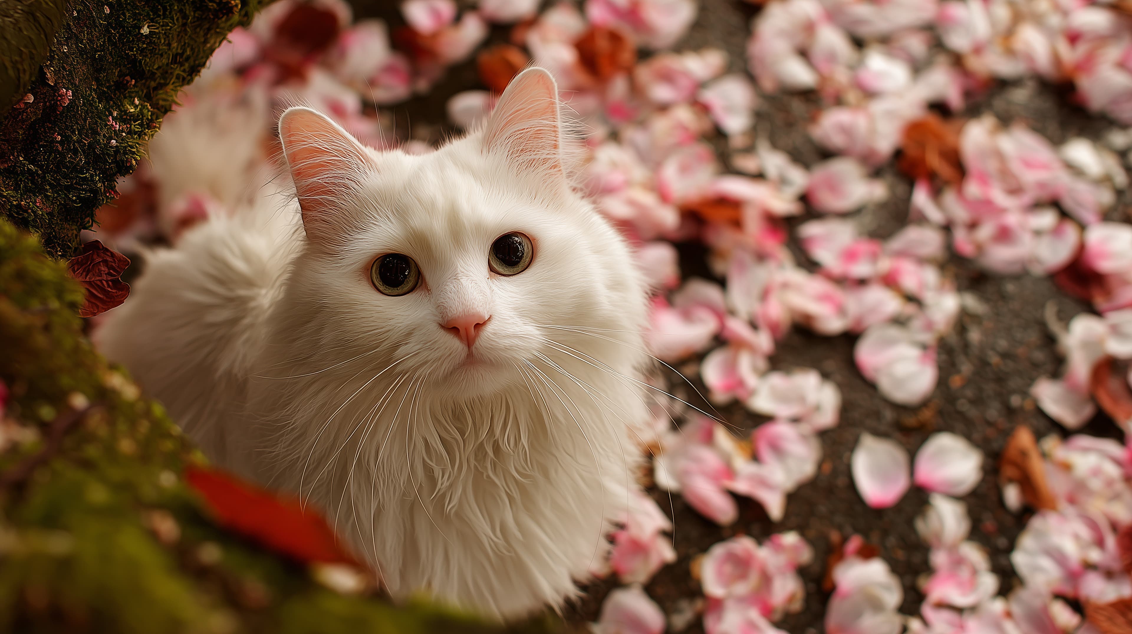 White Fluffy Cat Among Pink Petals - Soft Outdoor Wallpaper - High Resolution cat-wallpaper Wallpaper for Mobile and Desktop