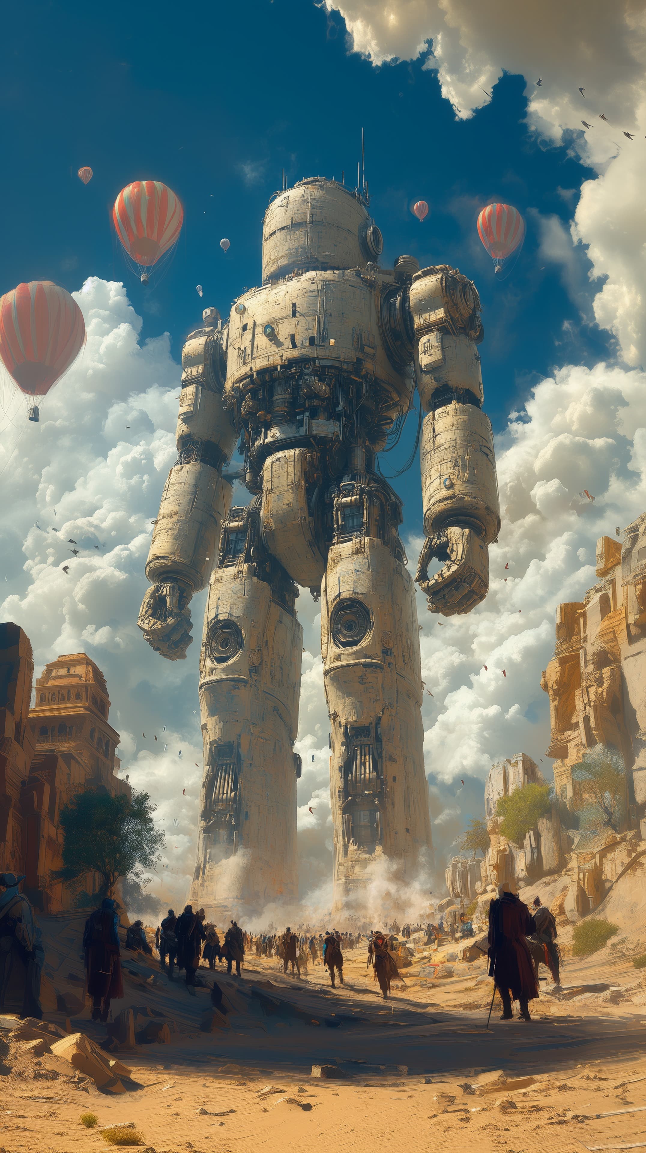 Giant sci-fi mech towering over desert ruins under vast sky - High Resolution balloons Wallpaper for Mobile and Desktop