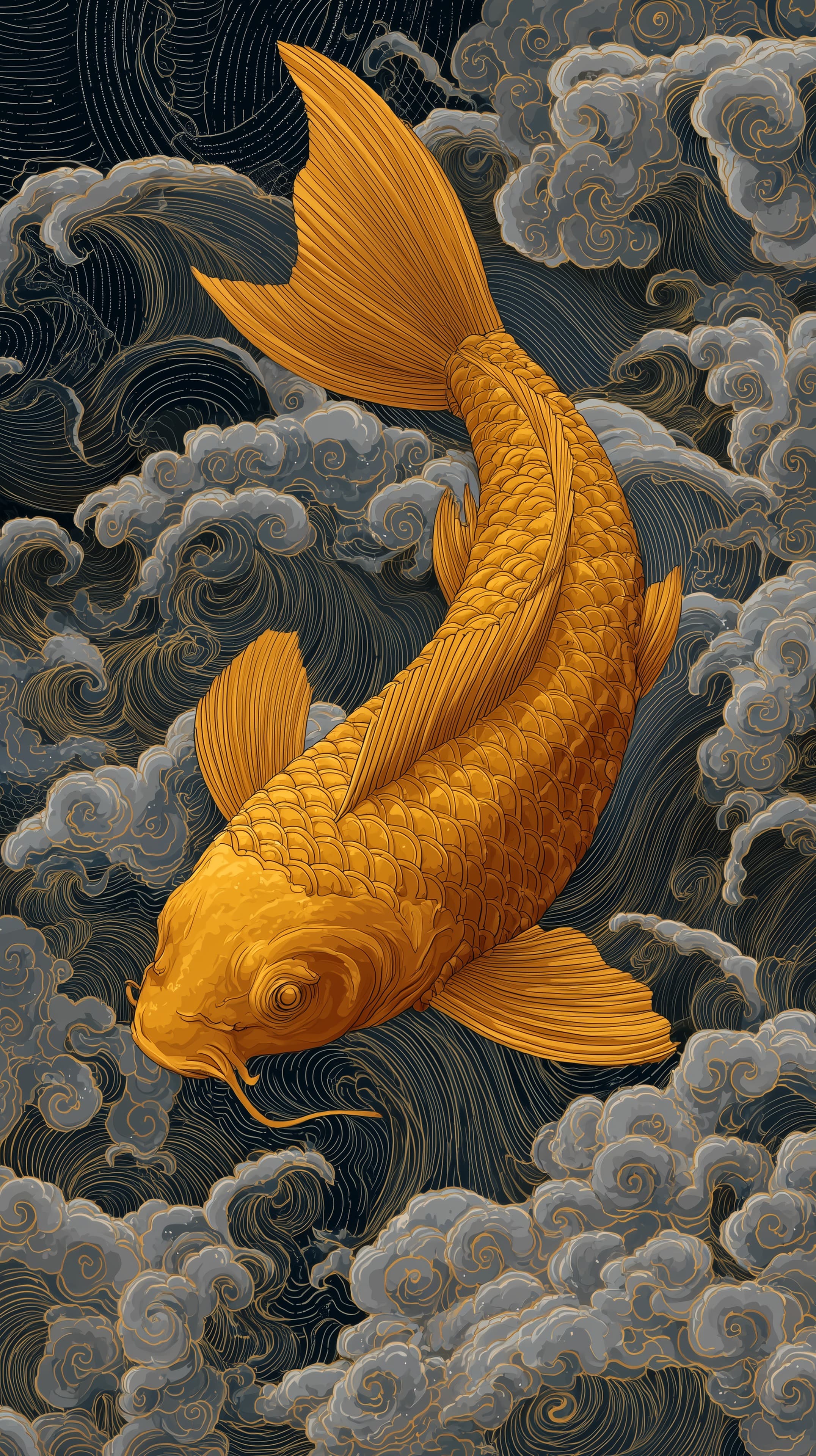 Golden koi among swirling clouds luminous wallpaper art - High Resolution art-nouveau-style Wallpaper for Mobile and Desktop