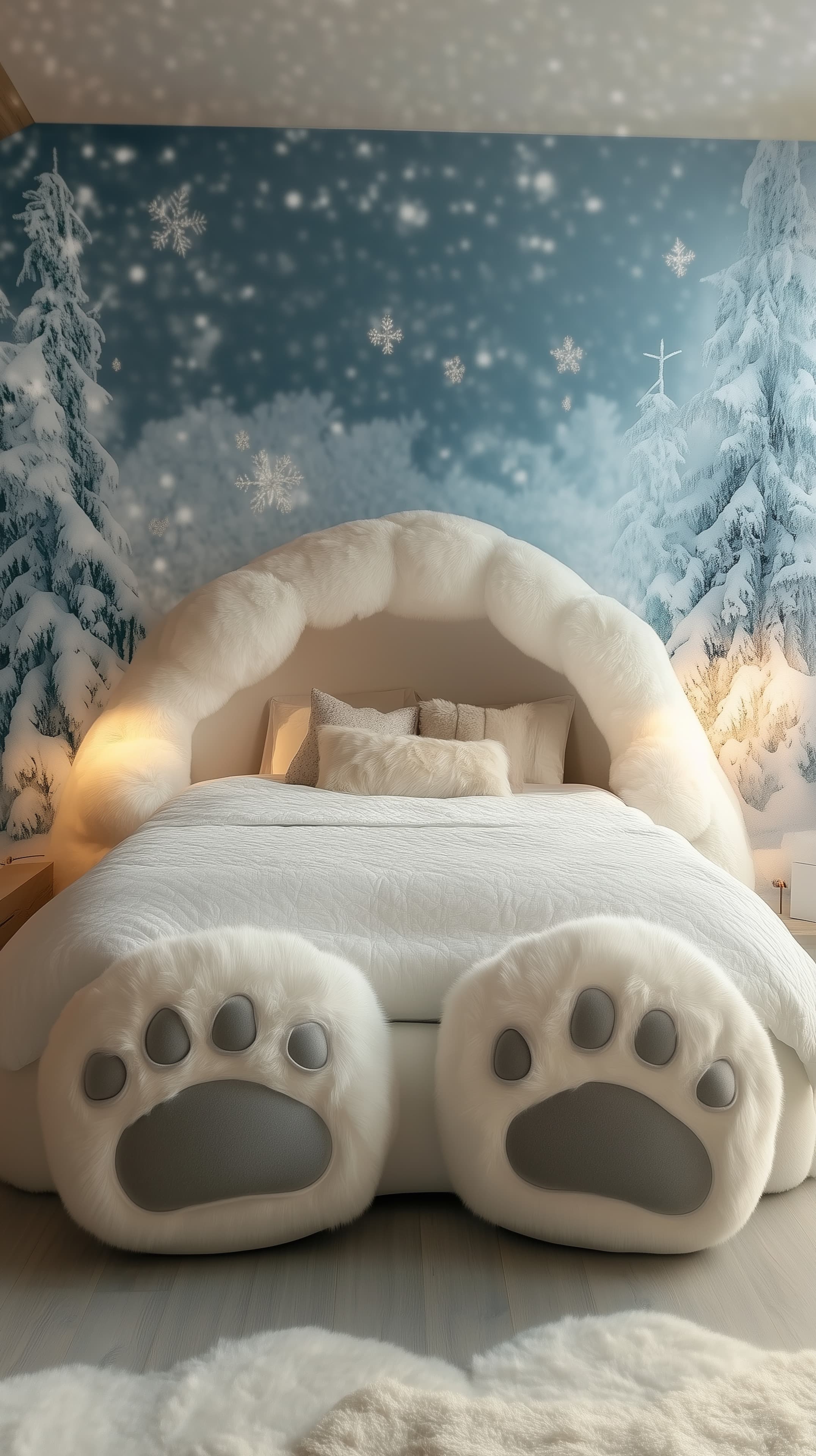 Winter Wonderland Polar Bear Bed Canopy in Snowy Room - High Resolution bear-bed Wallpaper for Mobile and Desktop