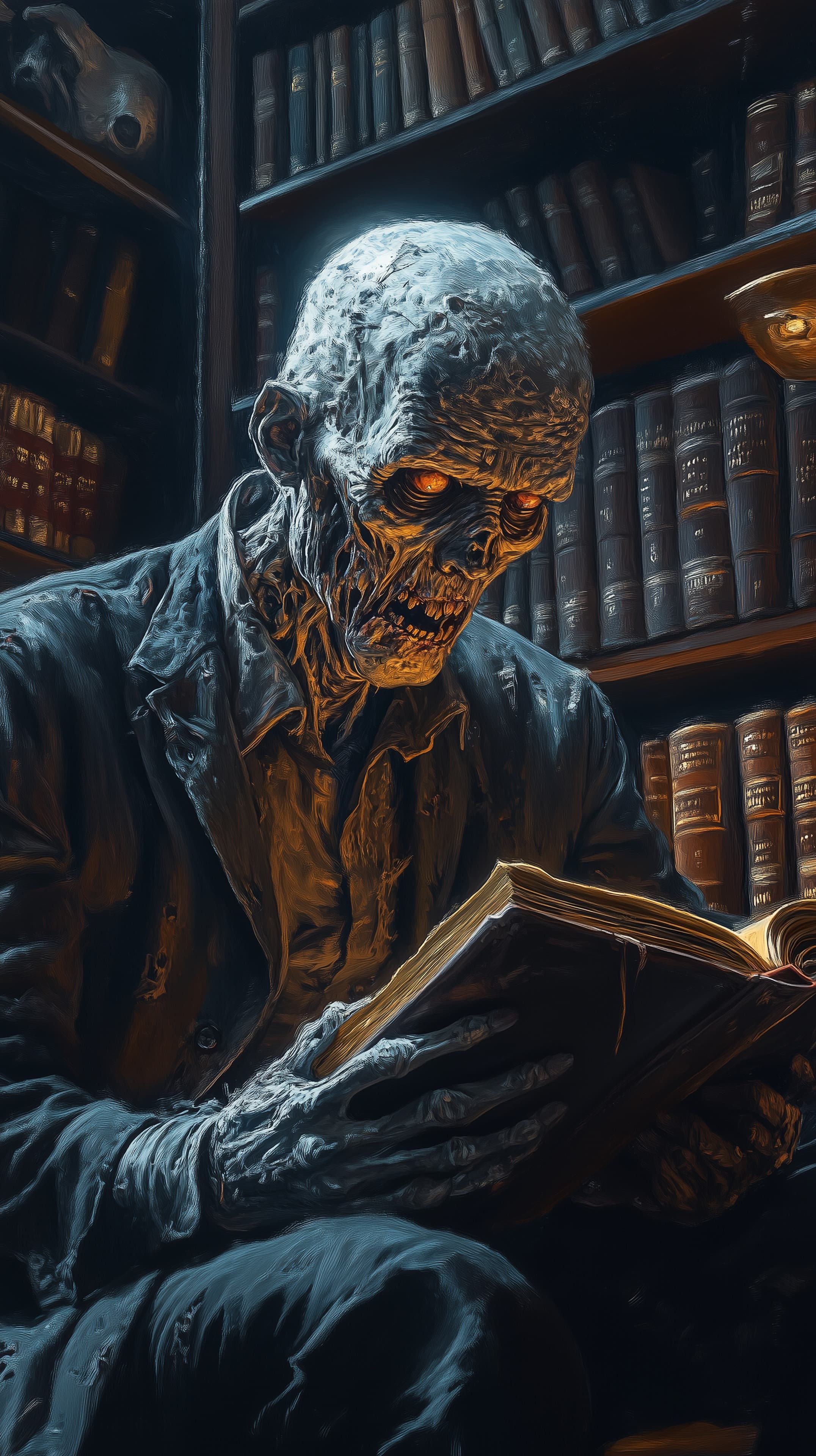 Undead Librarian Reading in a Dark Library - Horror Art Wallpaper - High Resolution book-wallpaper Wallpaper for Mobile and Desktop