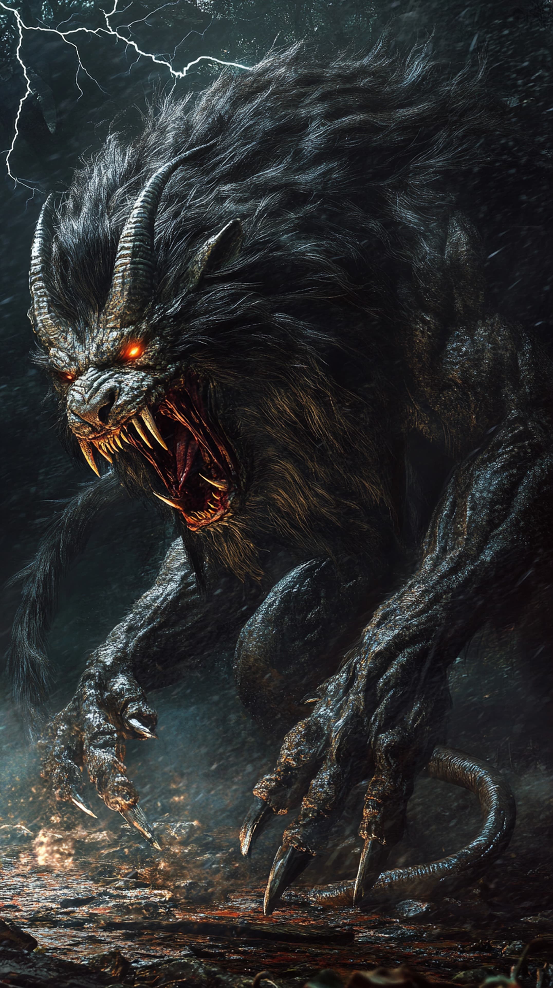 Epic Dark Monster: Thunderous Horned Beast Creature Artwork - High Resolution dark-fantasy Wallpaper for Mobile and Desktop