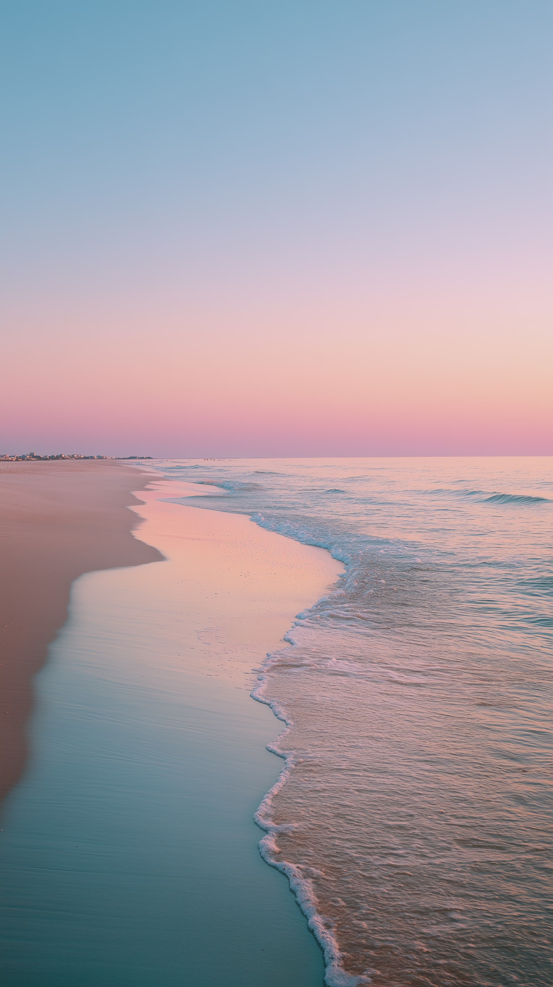Pastel Beach Sunset Wallpaper: Calm Ocean at Dusk with Soft Waves - High Resolution beach Wallpaper for Mobile and Desktop