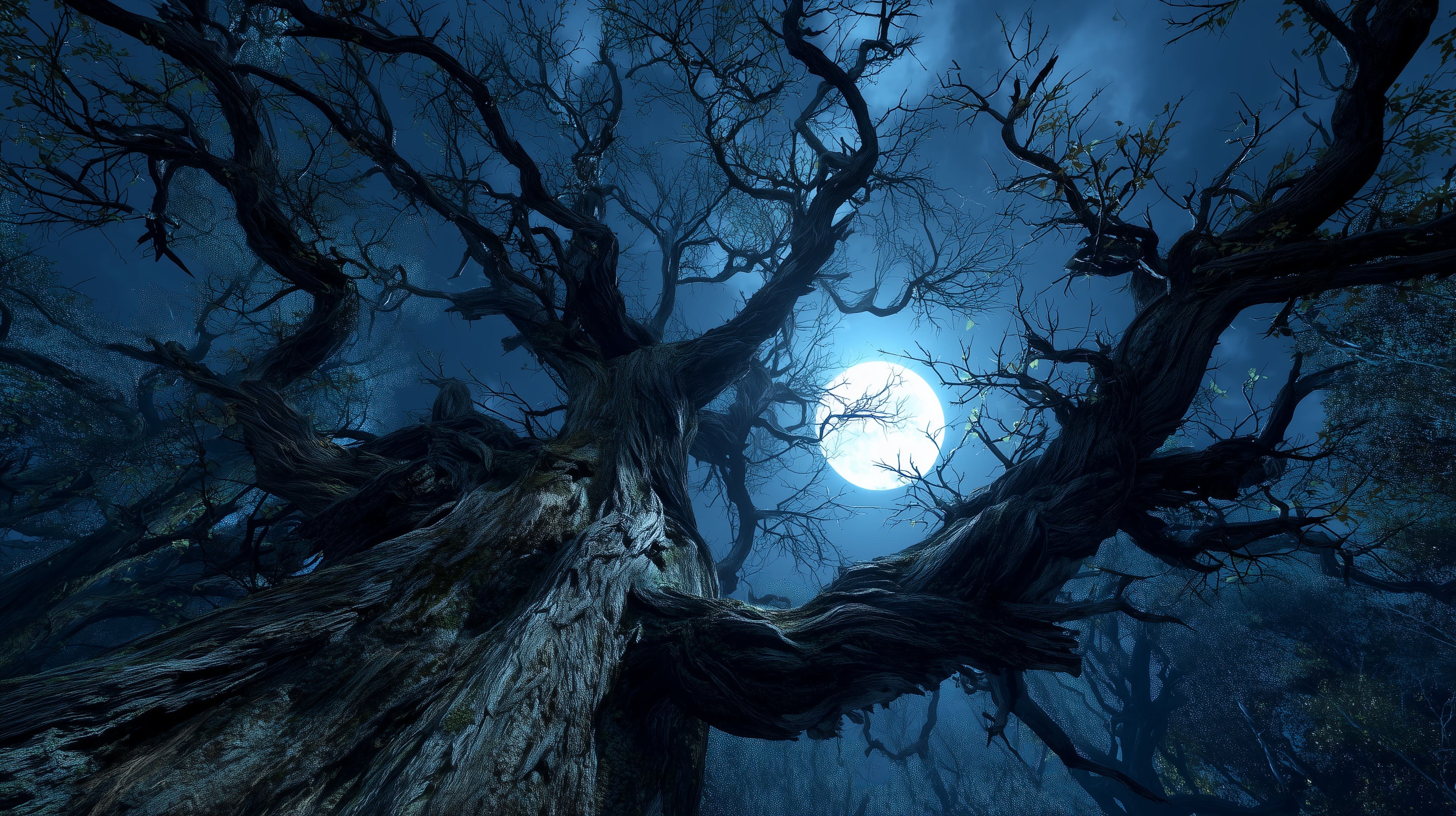 Moonlit Gnarled Forest at Night Dark Fantasy Wallpaper - High Resolution blue-tones Wallpaper for Mobile and Desktop