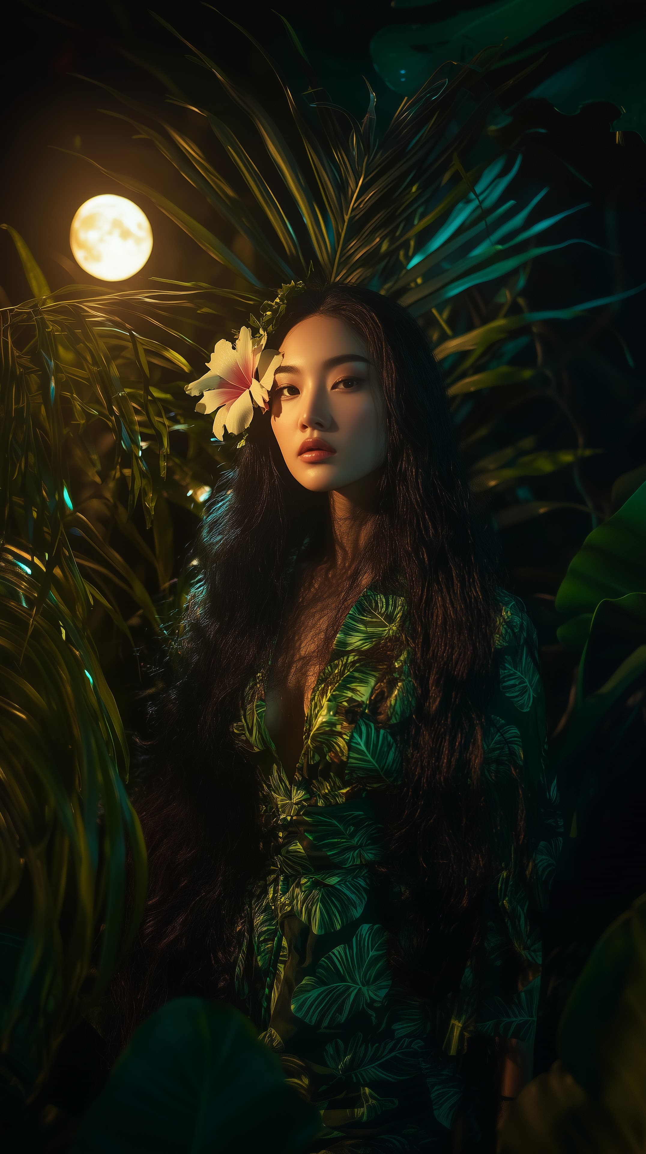Moonlit Tropical Portrait in Dreamy Jungle Wallpaper - High Resolution cinematic-lighting Wallpaper for Mobile and Desktop