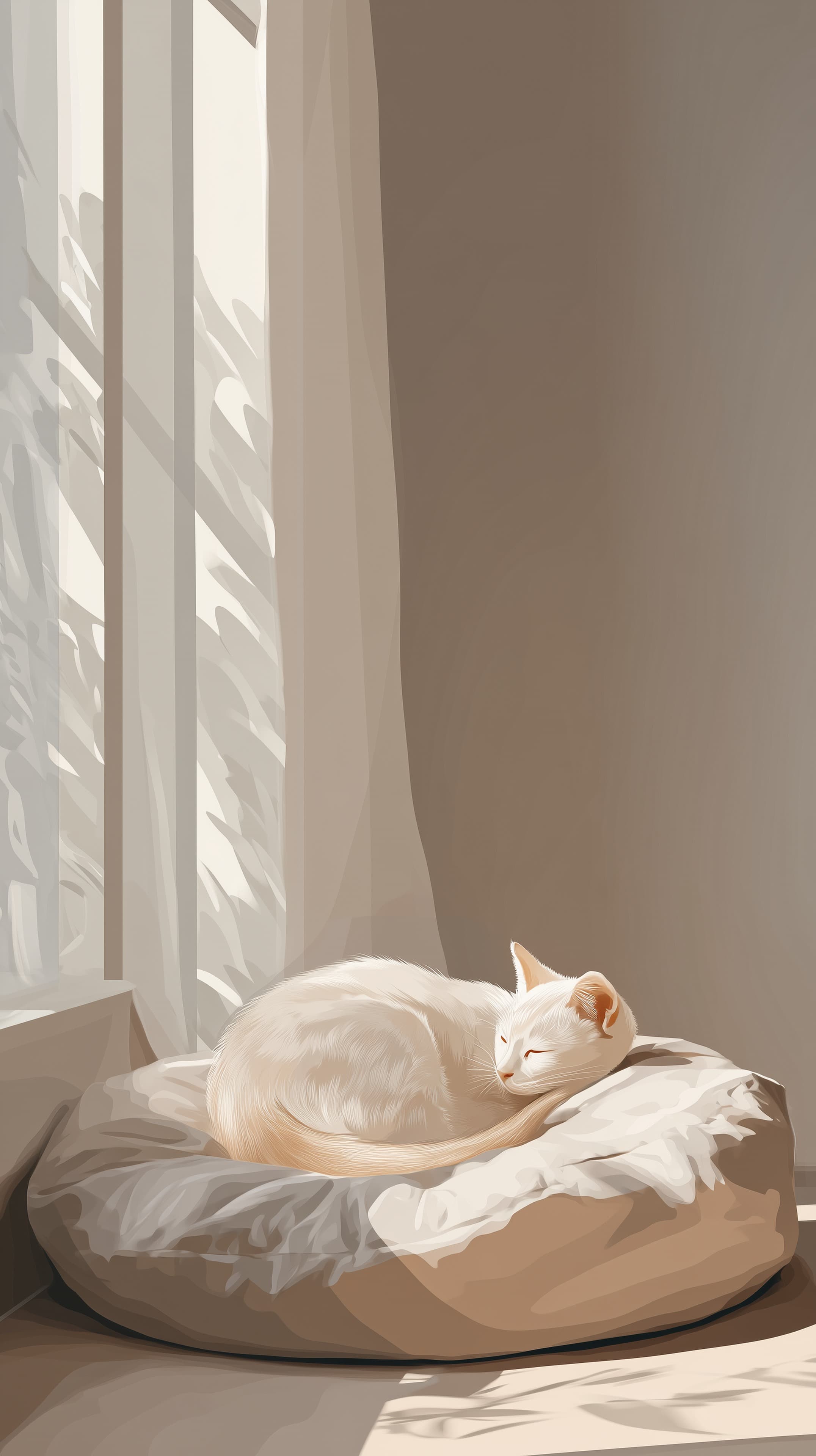 Sunlit Cozy Cat Sleeping in Beige Bed Wallpaper - Minimalist Desktop - High Resolution animal-art Wallpaper for Mobile and Desktop