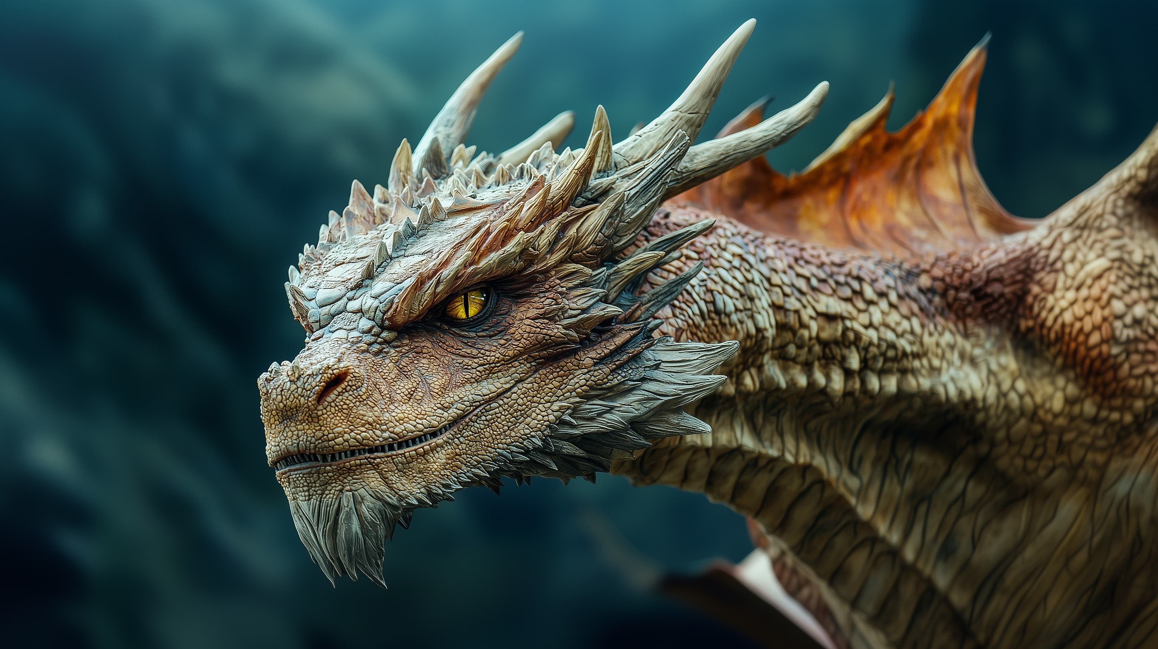 Majestic fantasy dragon wallpaper with detailed scales and horns - High Resolution close-up Wallpaper for Mobile and Desktop