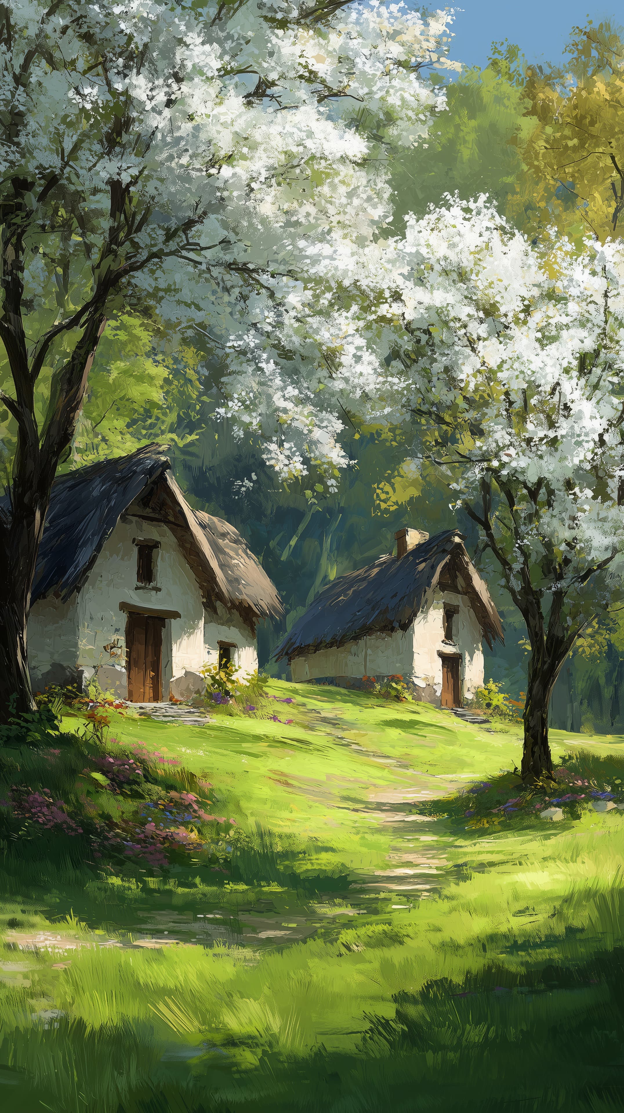 Pastoral cottage village under blooming trees – tranquil landscape - High Resolution cottage Wallpaper for Mobile and Desktop
