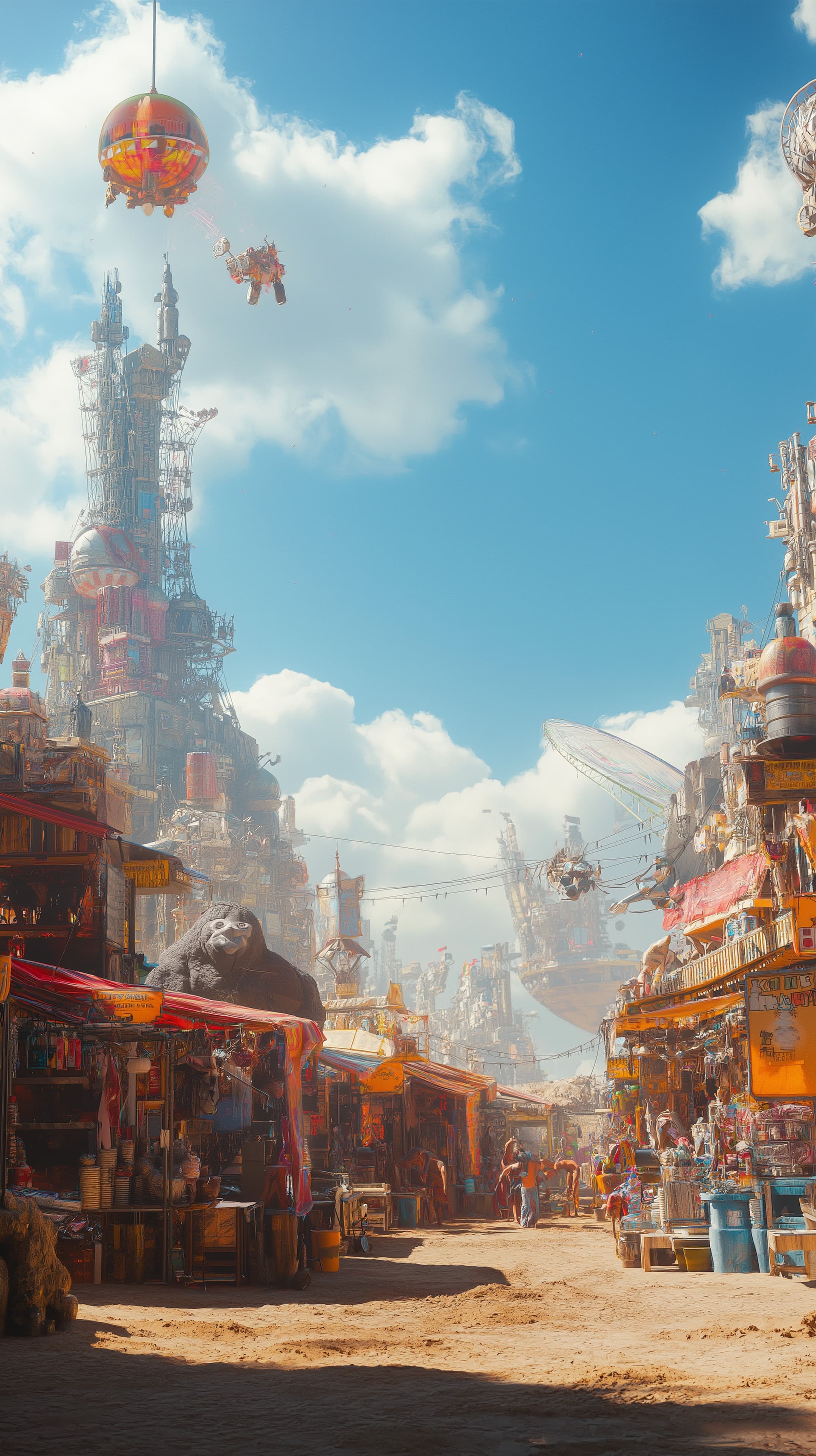 Dreamy Futuristic Metropolis Street Scene with Flying Vehicles - High Resolution blue-sky Wallpaper for Mobile and Desktop