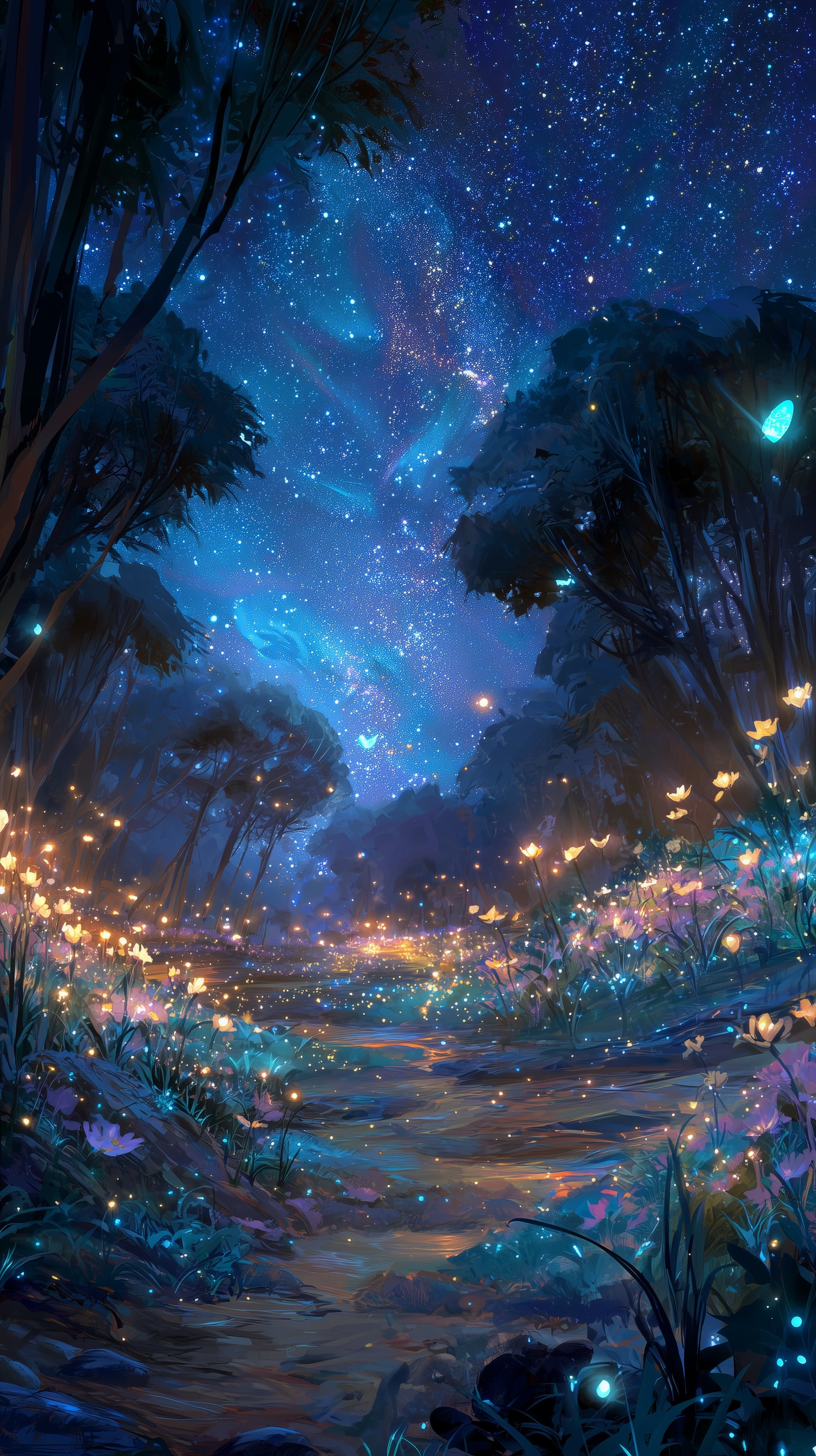Dreamy Night Forest: Starry Sky & Glowing Flowers Glow - High Resolution blue-tones Wallpaper for Mobile and Desktop