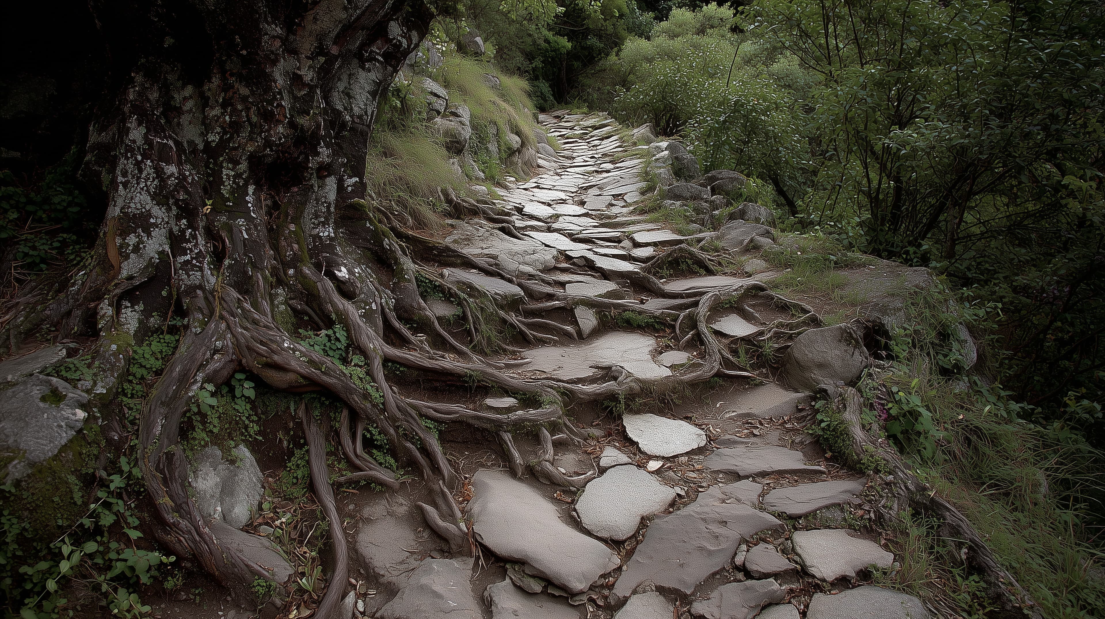 Forest Stone Path Winding Through Ancient Rooted Trail - High Resolution stone-path Wallpaper for Mobile and Desktop