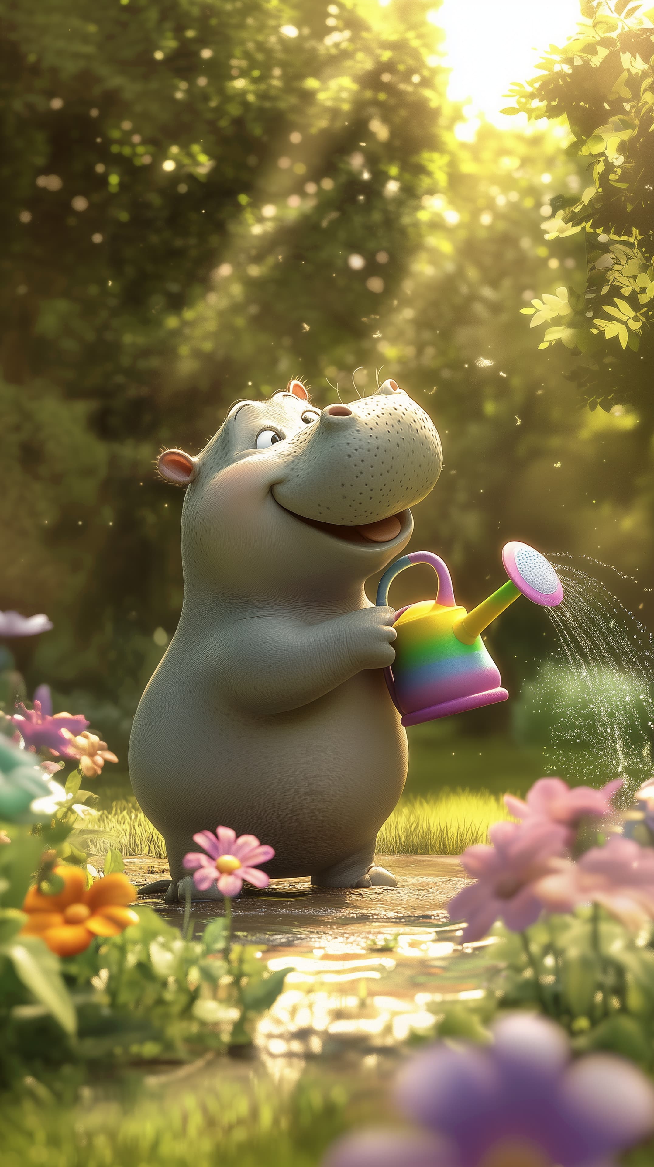 Whimsical Hippo in Sunny Garden Watering Flowers by Gentle Sunlight - High Resolution cartoon Wallpaper for Mobile and Desktop