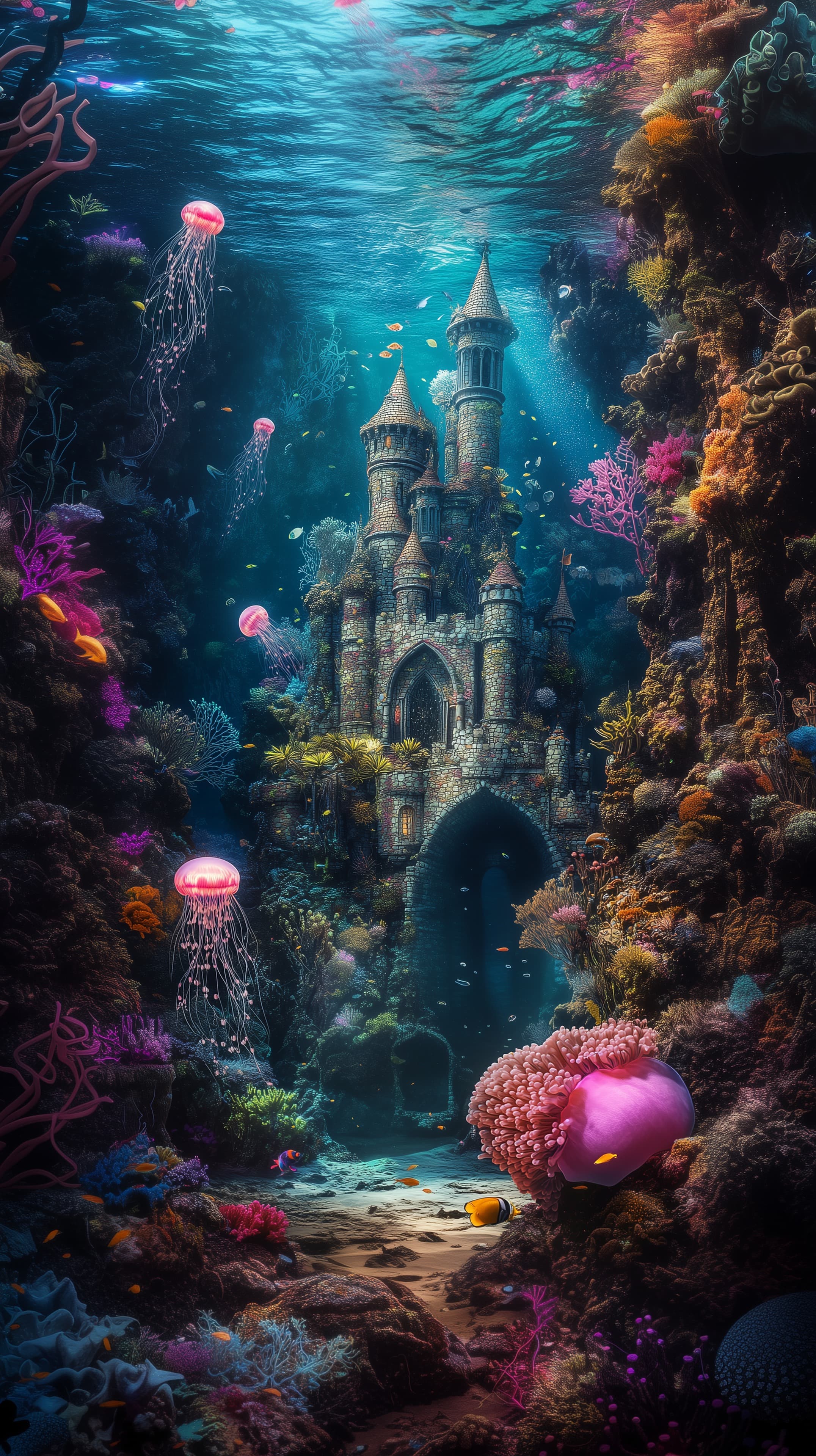 Enchanted Underwater Castle Amid Colorful Coral Reefs - High Resolution castle Wallpaper for Mobile and Desktop