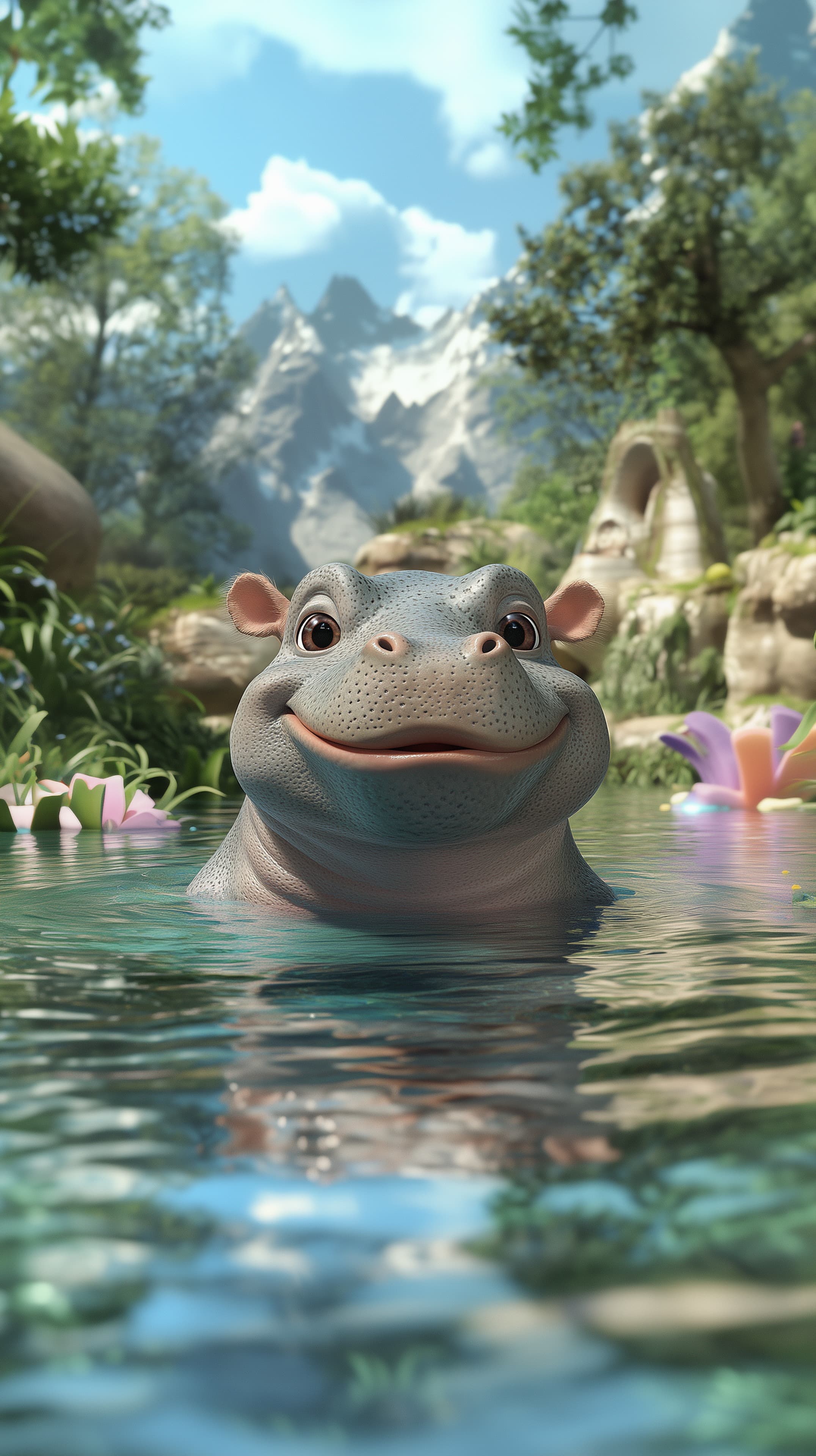 Cheerful Forest Pond Hippo - Cute 3D Cartoon Wallpaper - High Resolution 3d-art Wallpaper for Mobile and Desktop